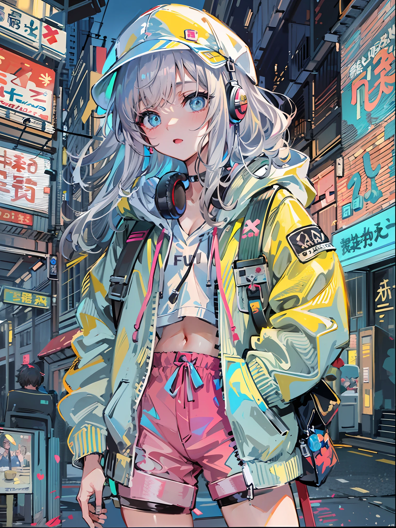 8K分辨率、((top-quality))、((​masterpiece))、((ultra-detailliert))、1 woman、独奏、incredibly absurdness、Oversized hoodies、headphones、Street、plein air、Sateen、Neon Street、Shortcut Hair、Brightly colored eyes、Hands in pockets、shortpants、water dripping