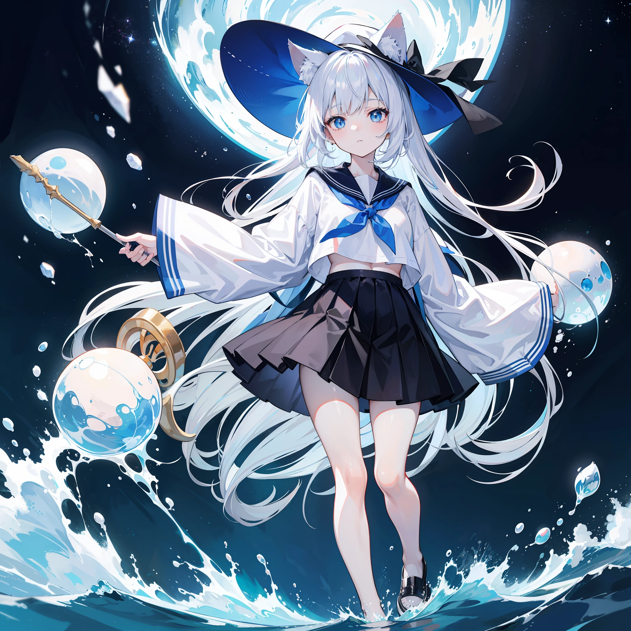 masutepiece,Best Quality,ultra-detailliert,Two hands,Two legs,Five Fingers,best faces,1 girl,Light blue long hair,timid,Cat ears,pale blue eyes, Height 145cm,small tits,Cat tail,a sailor suit,white t-shirts,a black skirt,Walking stick with jewels,White Witch Hat,A ball of water floats,cosmic space