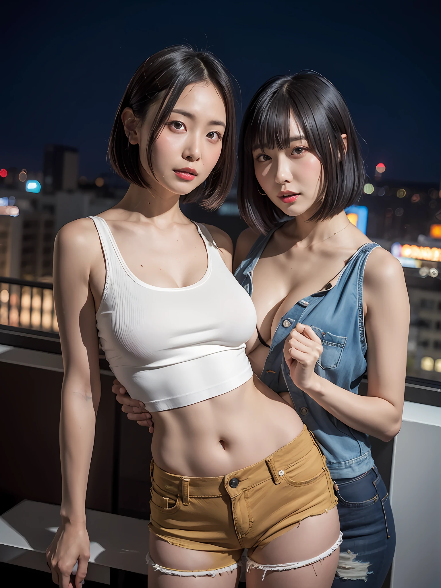 (8K、Raw photography、top-quality、​masterpiece:1.2)、(realisitic、Photorealsitic:1.37)、超A high resolution、depth of fields、Caustics、FujifilmXT3、​masterpiece、ultra-detailliert、(2 girls in)、16 and 28 years old、lesbian、Shinjuku's neon streets、natta、Night view of the building city、Roll up your tank top to show your breasts、nudde、(Short tank top、No bra、Denim shorts)、slenderbody、Sexy navel、(((small tits)))、[big butts]、[thick waist]、Blow bob cut with mesh、a small face、cowboy  shot、Camel toe、The shape of the nipples and pubic area is clearly visible,、erotick、female dog、dark suntan line、Dark skin、Dark tanning line、Naughty look、