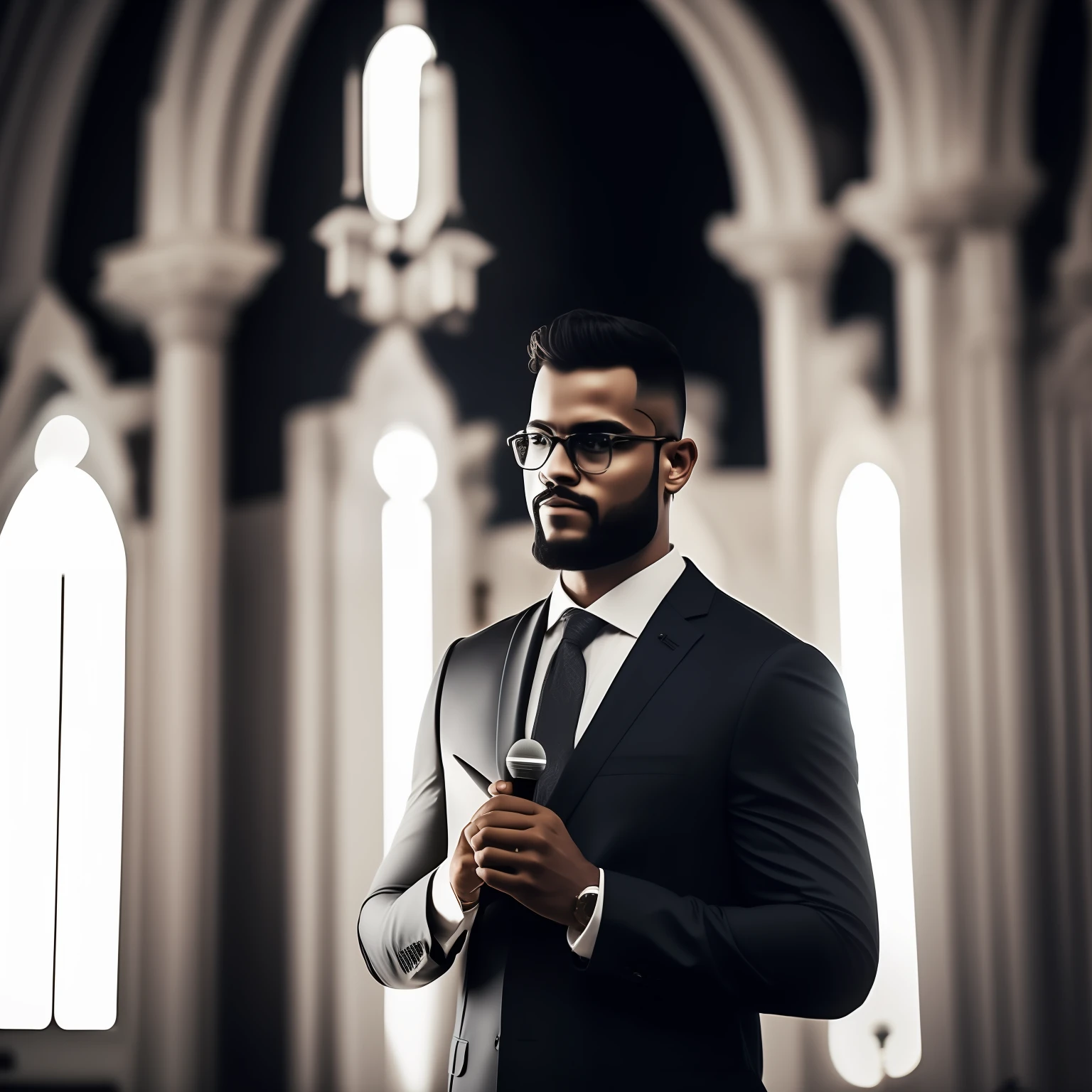 homem com terno preto, corpo inteiro segurando microfone dentro de uma igreja, luz,foto realista ((melhor qualidade)),(cinematic lighthing) (foco nítido) --auto