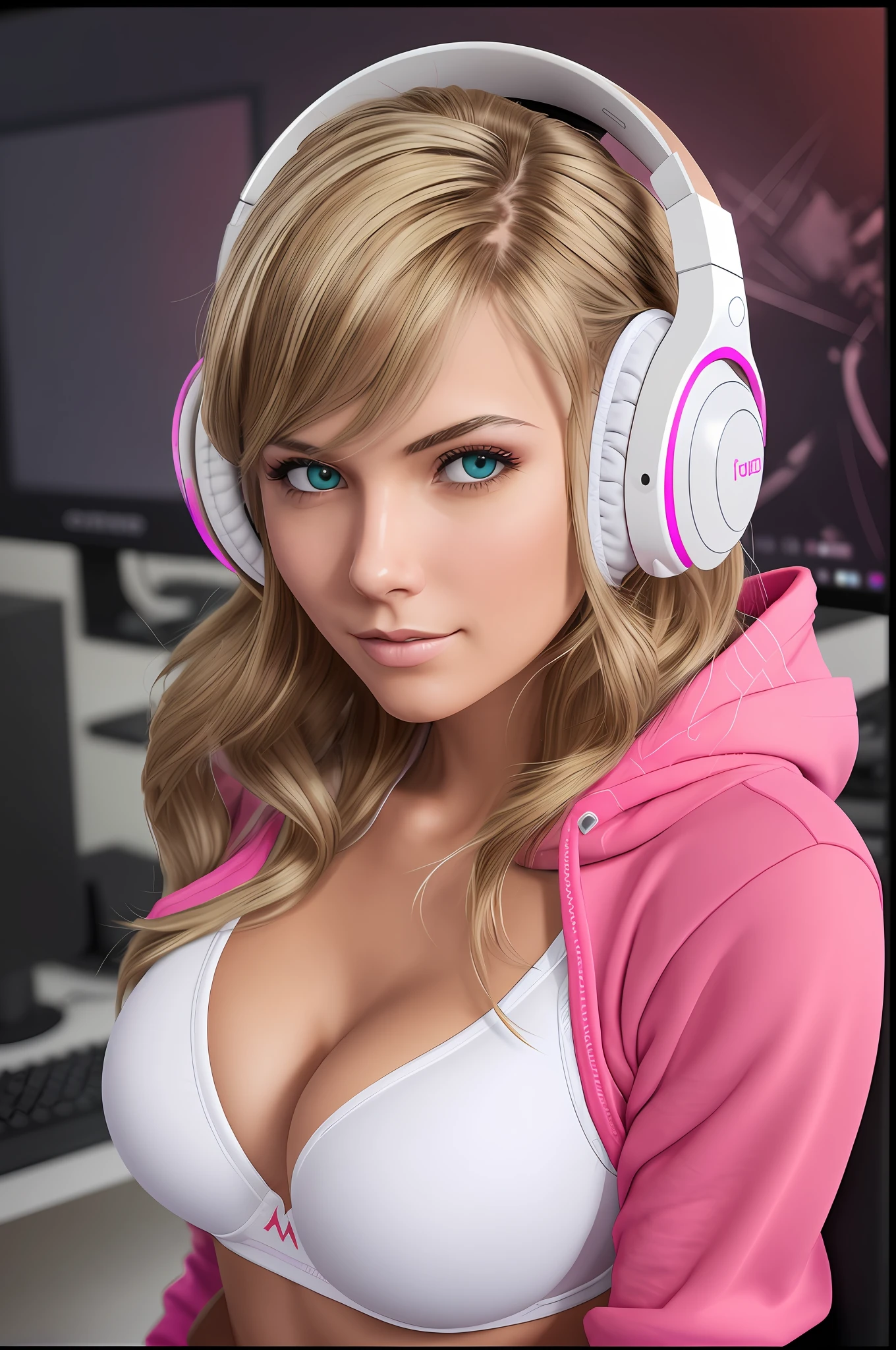 blonde gamer girl leaning into the camera, photo from front above, red hoodie, large white gamer headphones, medium breasts, skintight white top:1.2, cleavage, pink bra:1.2, looking at viewer, soft colors, cinematic lighting, perfect anatomy:1.2, round breasts, well-organized,