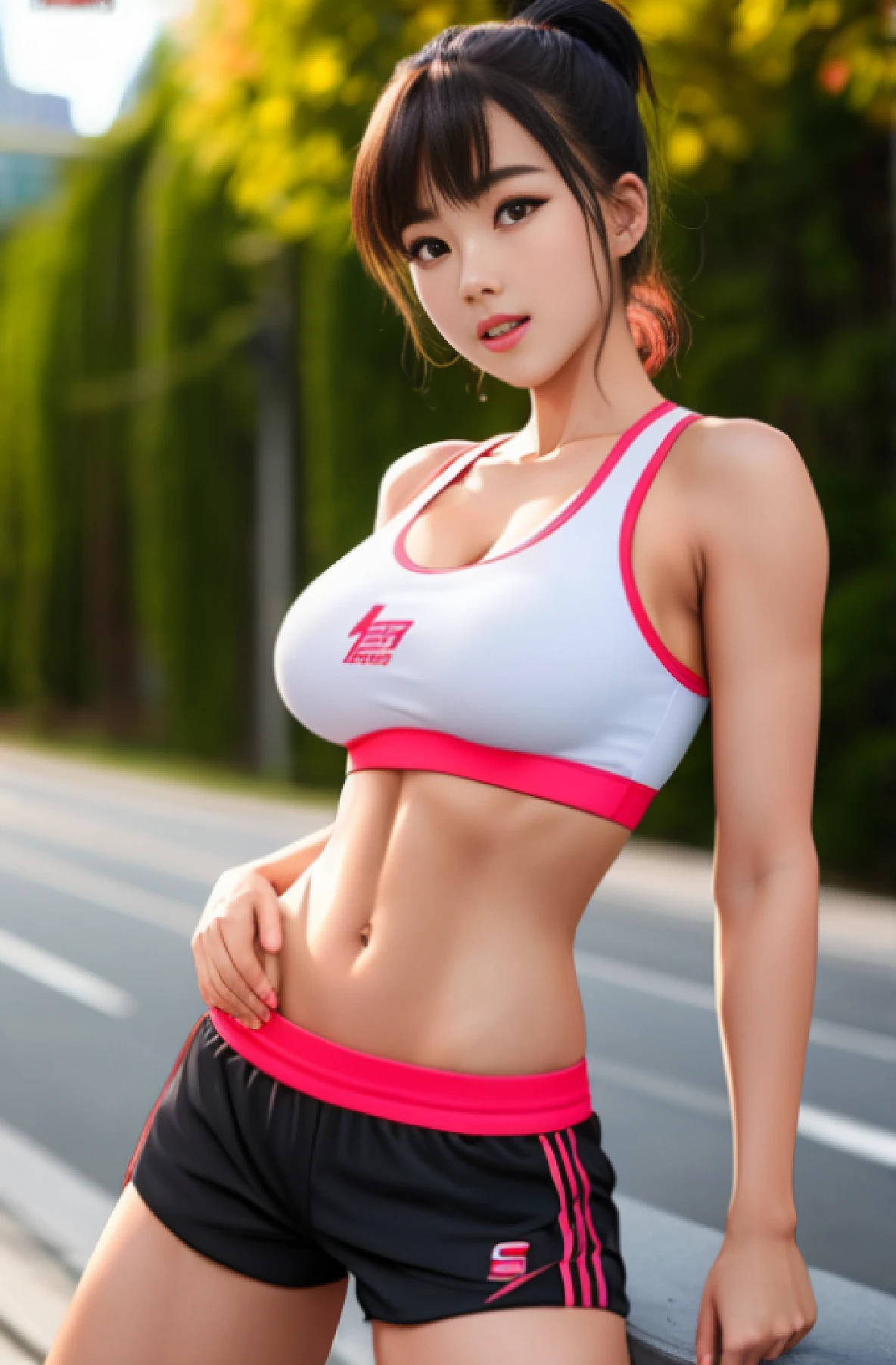 Sporty physique, Young Pretty Gravure Idol, Realistic Young Gravure Idol, Young Sensual Gravure Idol, Young skinny gravure idol, sport bra and shorts, cute sportswear,