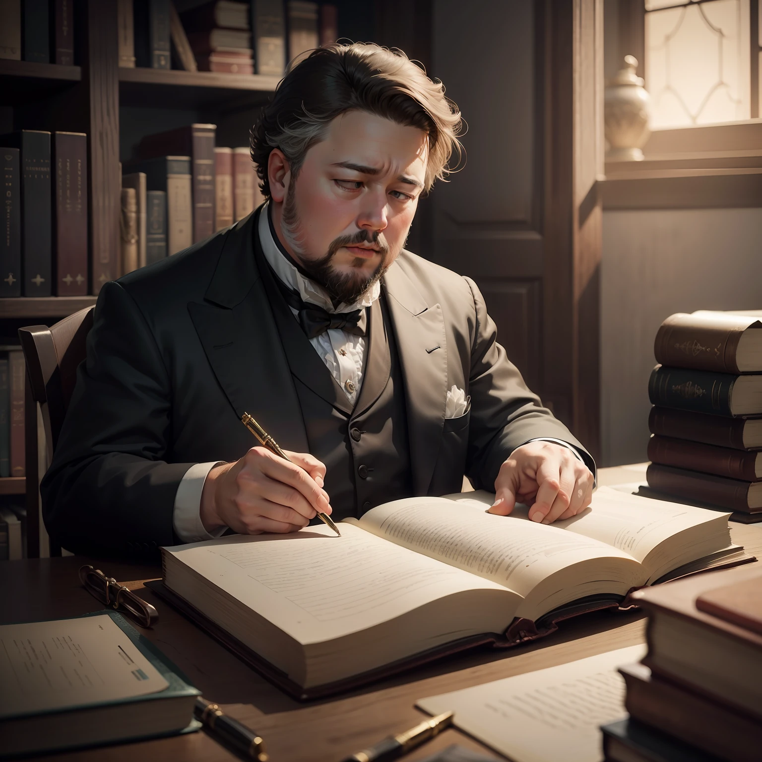 Charles Spurgeon studying the Bible: Represent Spurgeon immersed in his Bible studies, rodeado por pilhas de livros, notes and an atmosphere of intense learning.