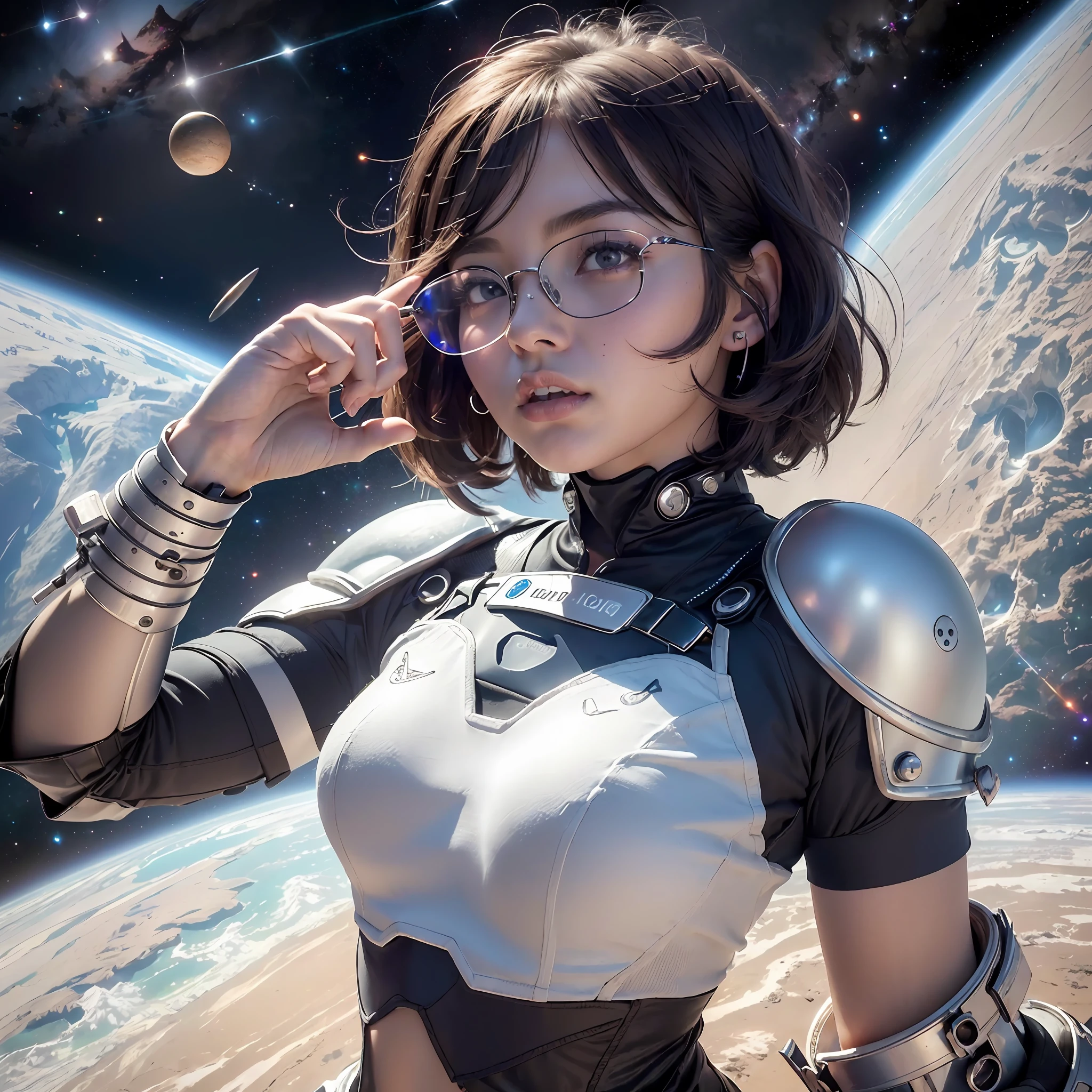 Spacepunk、(cosmic background:1.5、细致背景:1.25)、(isometric:1.0)、double exposure、(​masterpiece、top-quality:1.3)、(hight resolution:1.5)、absurderes、ultra-detailliert、(1girl in:1.3)、(dynamicposes):1.0 Breaks、((1 very cute and beautiful teardrop girl doing extravehicular activity in space))、stele、gases、kosmos、((Floating in outer space))、hovering、levitation、shooting stars、Crescent、Hyperspace、(upward-eyed:1.3)、(Ear breathing)、 solofocus、starry nights、(Wear mechanical space body armor:1.3)、(Black wavy bob hair:1.35、bangss;1.35)、(grease:1.2)、eye glasses、7.5 class large、Detailed clothing、Detailed body、detailed arms、Human hand、Detailed hand、red blush、open open mouth、Studio Soft Light、ciinematic light、 细致背景、realisitic、A hyper-realistic、​masterpiece、