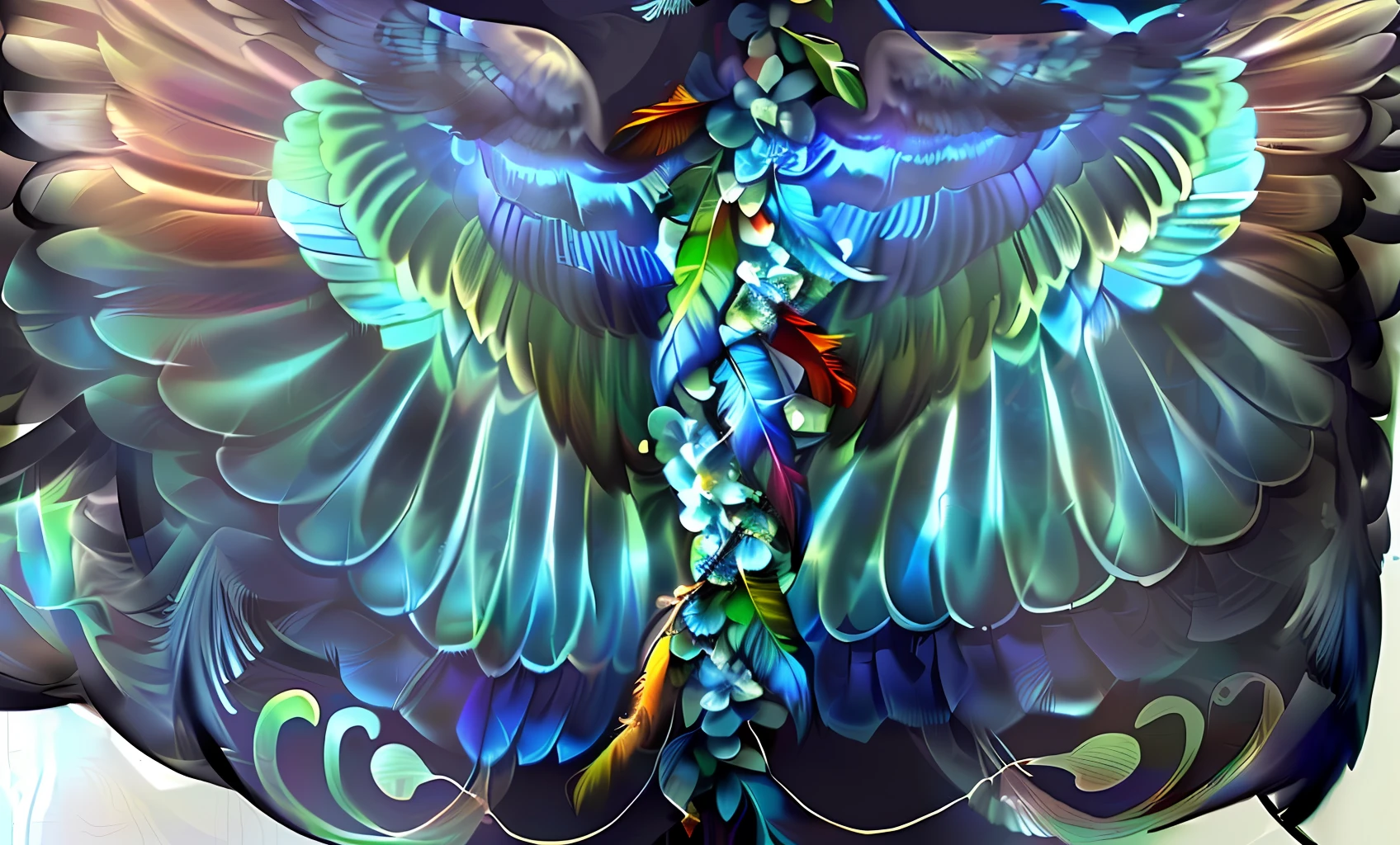 a closeup of a colorful bird, asas requintadas e bonitas, Wings of Tendril Teal Ethereal, asas altamente intrincadas!, belo detalhe, feathered handles, bird wings, Detalhe impressionante, Tristezas bonitas, Asas Iridescentes, inspirado em Daniel Merriam, penas fractais, blue phoenix bird, Penas detalhadas, mystical birds, lindo detalhe e cor.