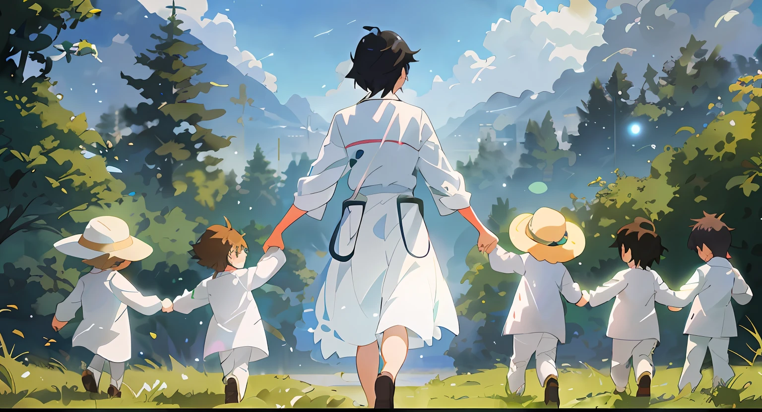 Anime scene of a female doctor and a group of children dressed as doctors walking in a field, makoto shinkai art style, Guviz-style artwork, Shinkai Makoto style, Guweiz e Makoto Shinkai, Makoto Shinkai Cyril Rolando, ( ( Makoto Shinkai ) ), in the style of makoto shinkai, Makoto Shinkai's style