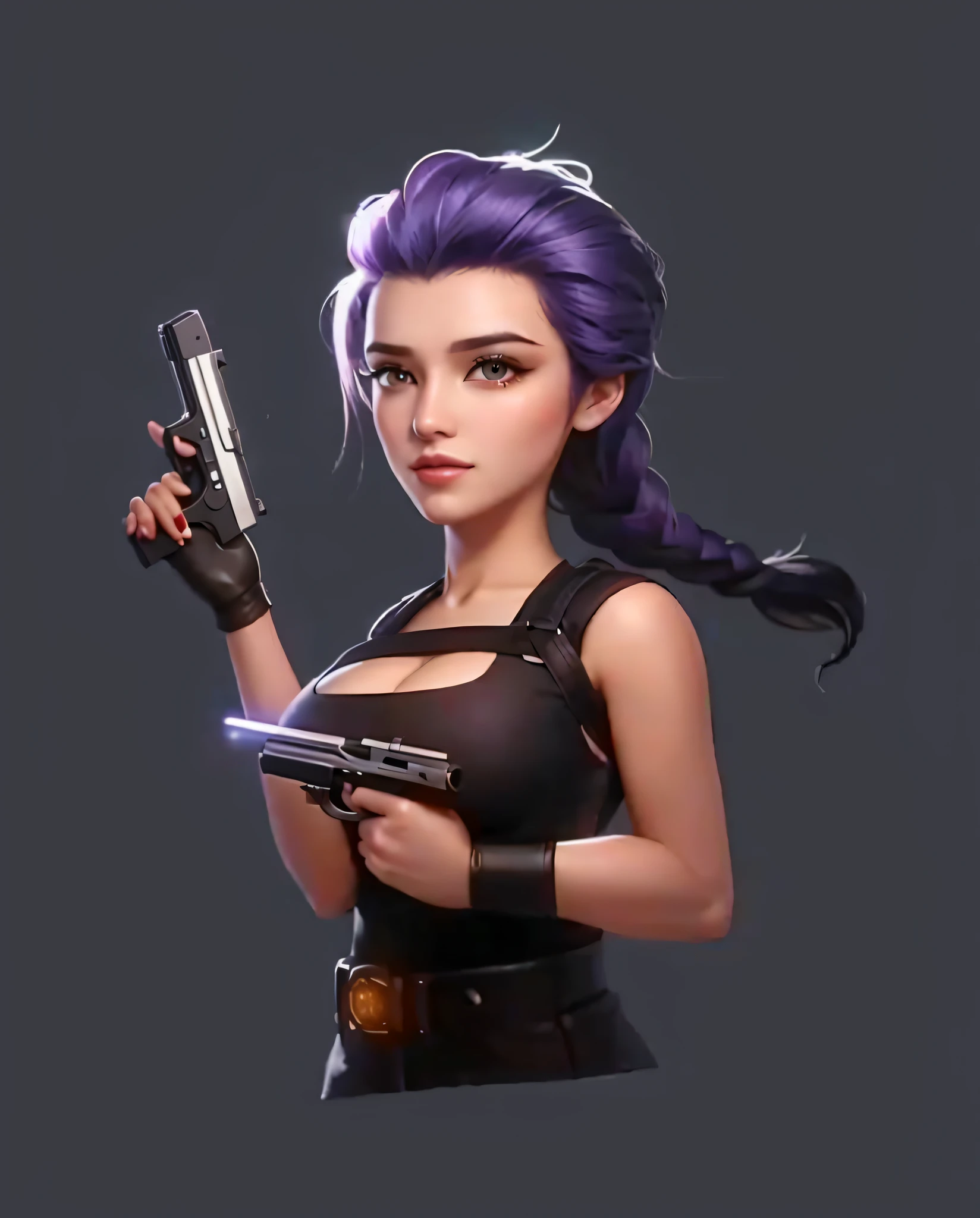 (realisticlying:1.5),realisticlying,rendering by octane,(4K,8K),(Ultra photo realsisim:1.2),ssmile,European and American goddesses,(Realistic face:1.2),(best qualtiy),The is very detailed,复杂,ultra - detailed,(Eyes detailed,Finger detailed: 1.2), Western, (Long purple hair, Curls, Braids, No bangs, Black-purple), (Night, Nice brown eyes, Black agent tights, Dress pants, Out of class:1.3), (With gun 1.3), (Holding a gun), (Night, Hat, Skull pattern, masks, long coat of black color, Dress pants, Out of class:1.3), (Holding a gun, Gun - Colt revolver or pistol:1.4), (1girll, Solo, Alone, Huge breasts, Thighs, 2legs:1.4), (Sky Blue Eye:1.2), Far focus