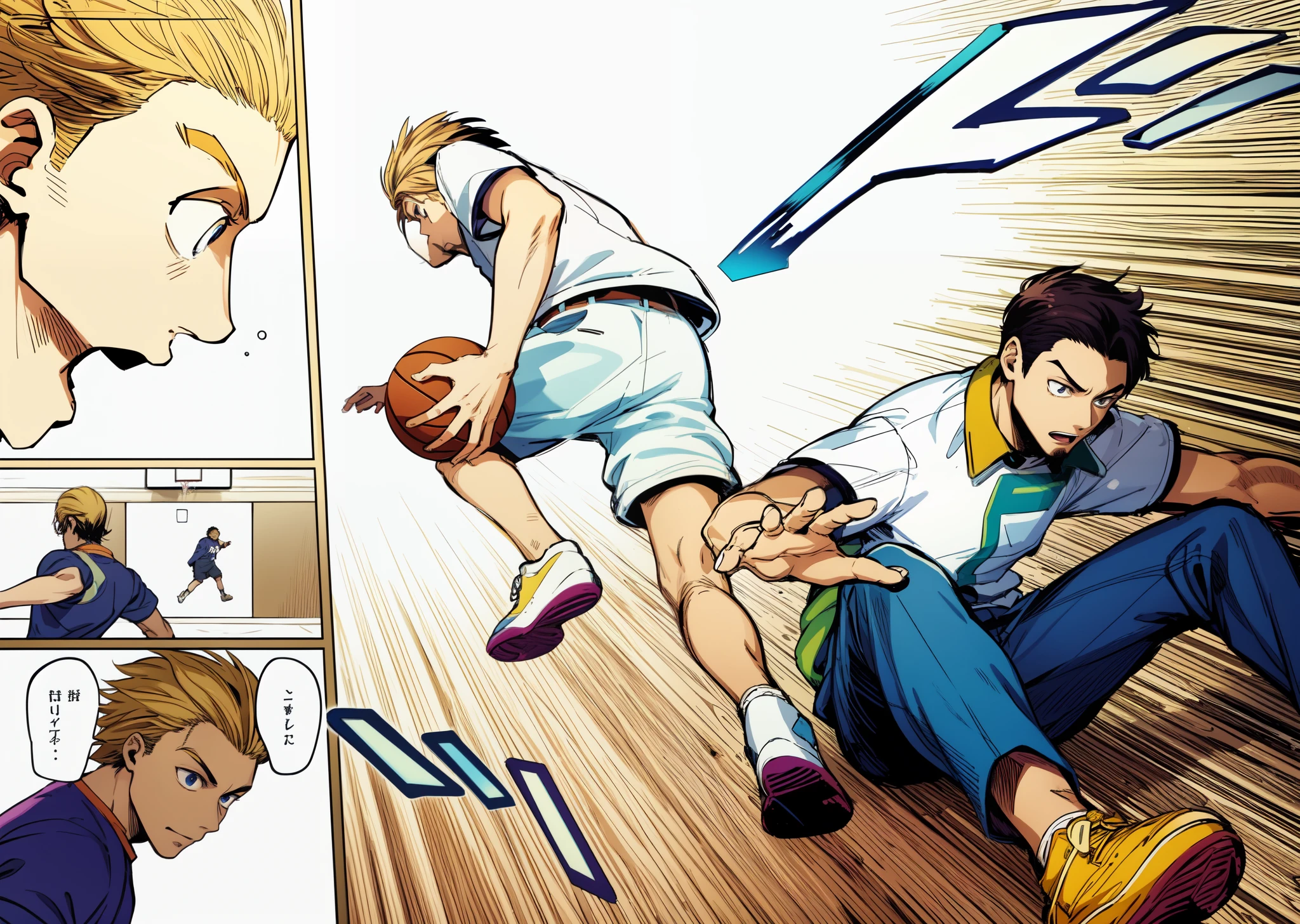 (HD), (masterpiece), (best quality), a anime of a boys manga, playing basketball, text bubble speech, color manga, manga color, color manga, color manga panel, simple background