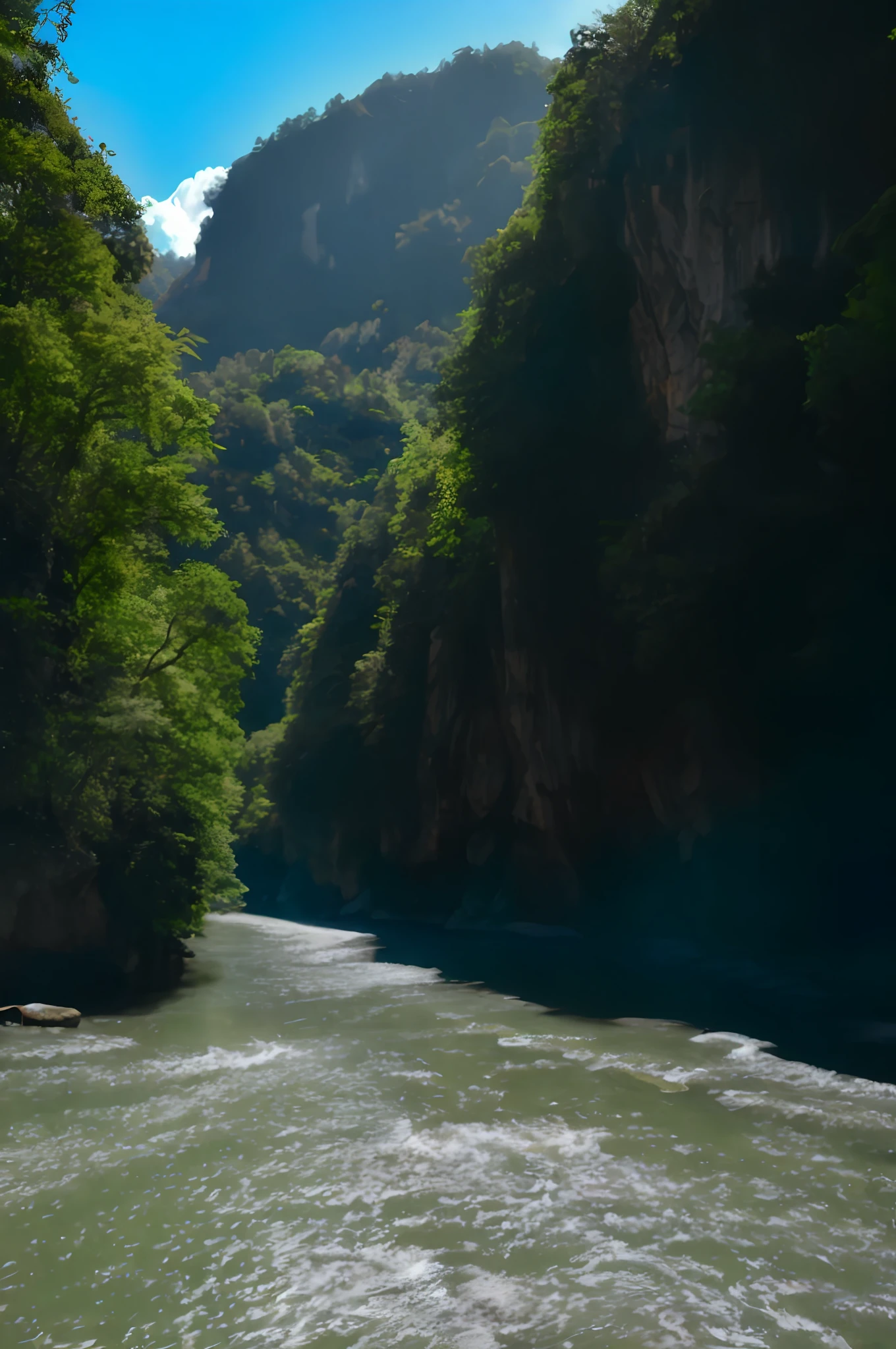 There was a man on the mountain on a boat ride on the river, inside a gorge, in between a gorge, gorge in the mountain, mountains river trees, river running thru the middle, The river at the bottom, rios、Trees and hills, zhangjiajie national forest park, The river runs through it, with a river running through it。