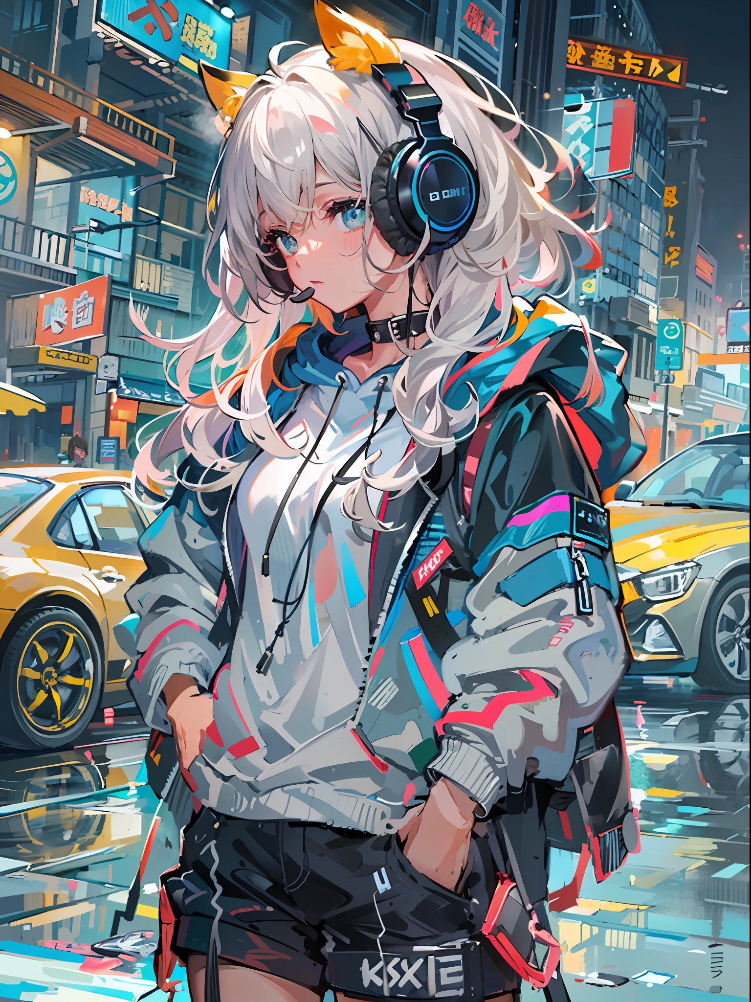 8K分辨率、((top-quality))、((​masterpiece))、((ultra-detailliert))、1 woman、独奏、incredibly absurdness、Oversized hoodies、headphones、Street、plein air、Sateen、neons、Shortcut Hair、Brightly colored eyes、Hands in pockets、shortpants、water dripping