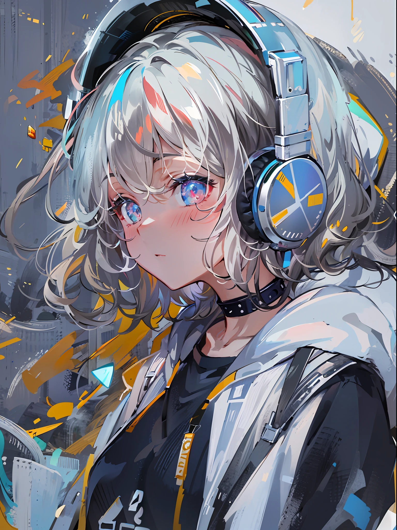 8K分辨率、((top-quality))、((masterpiece))、((ultra-detailliert))、1 woman、独奏、incredibly absurdness、Oversized hoodies、headphones、Street、plein air、Sateen、neons、Shortcut Hair、Brightly colored eyes、Hands in pockets、shortpants、water dripping