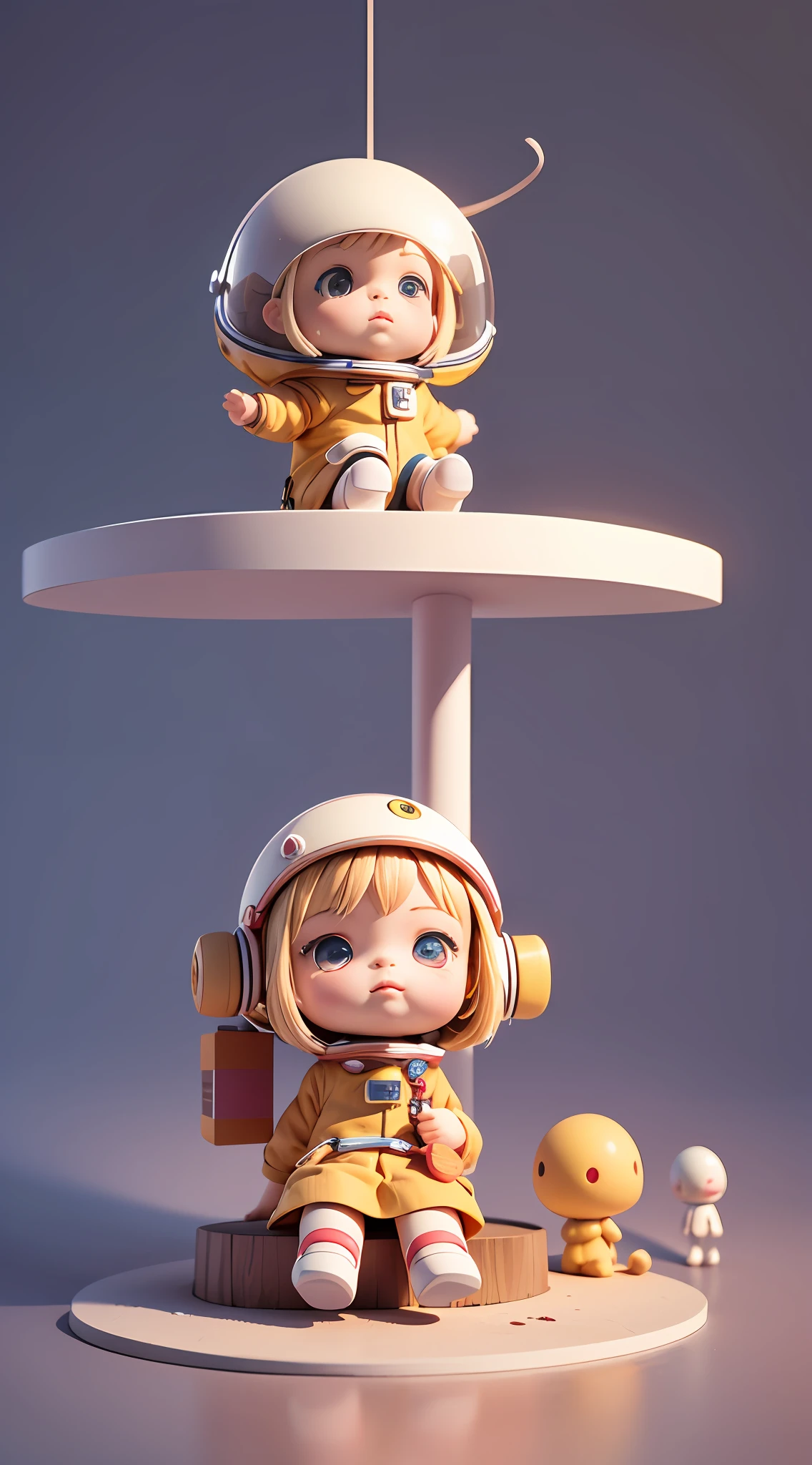 Toy with a little doll with a helmet, cute 3d render, cute detailed digital art, female explorer mini cute girl, cute digital painting, stylized 3d render, cute digital art, cute render 3d anime girl , the little astronaut looks up, cute! c4d, portrait anime space cadet girl, sitting on a white pedestal