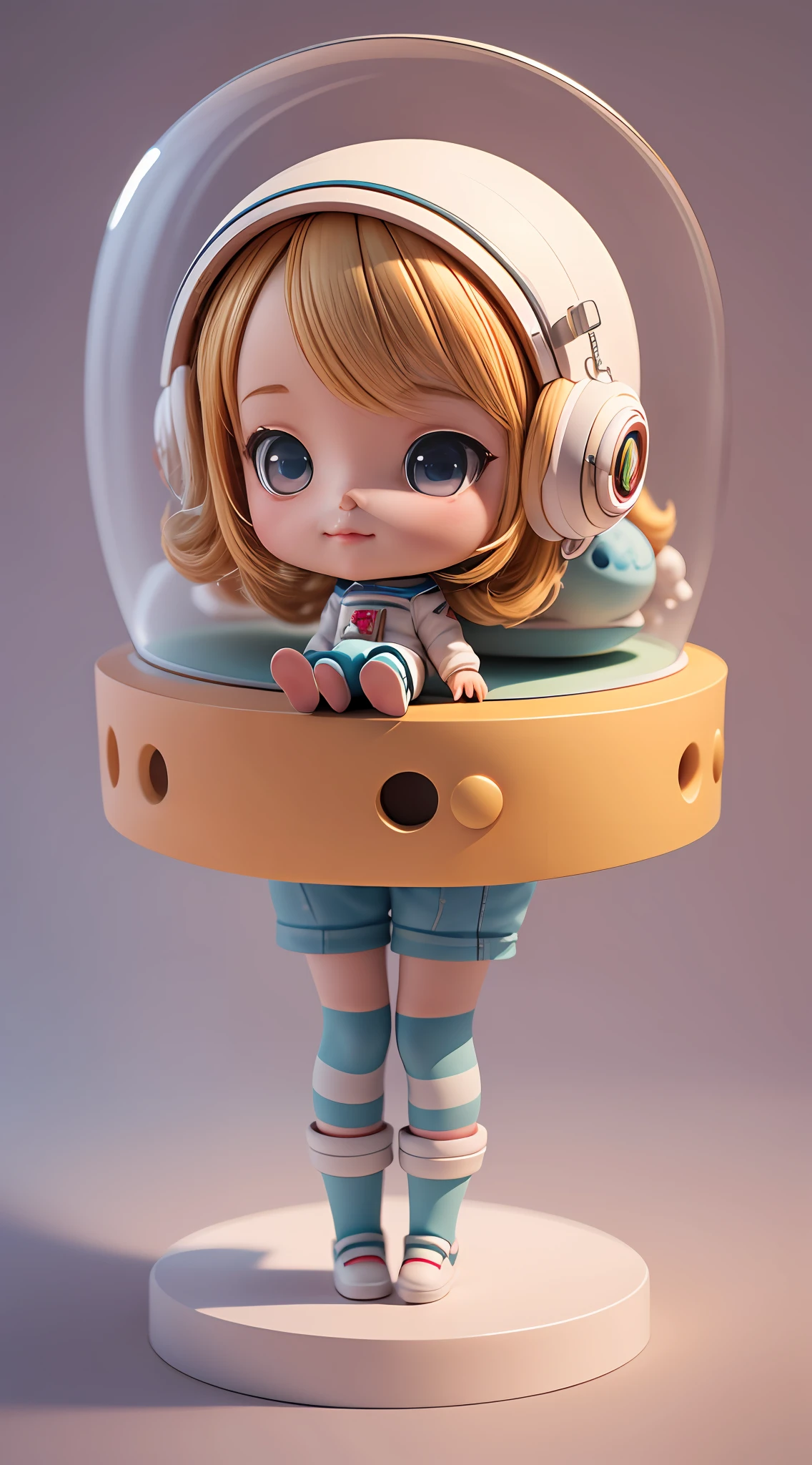 Toy with a little doll with a helmet, cute 3d render, cute detailed digital art, female explorer mini cute girl, cute digital painting, stylized 3d render, cute digital art, cute render 3d anime girl , the little astronaut looks up, cute! c4d, portrait anime space cadet girl, sitting on a white pedestal