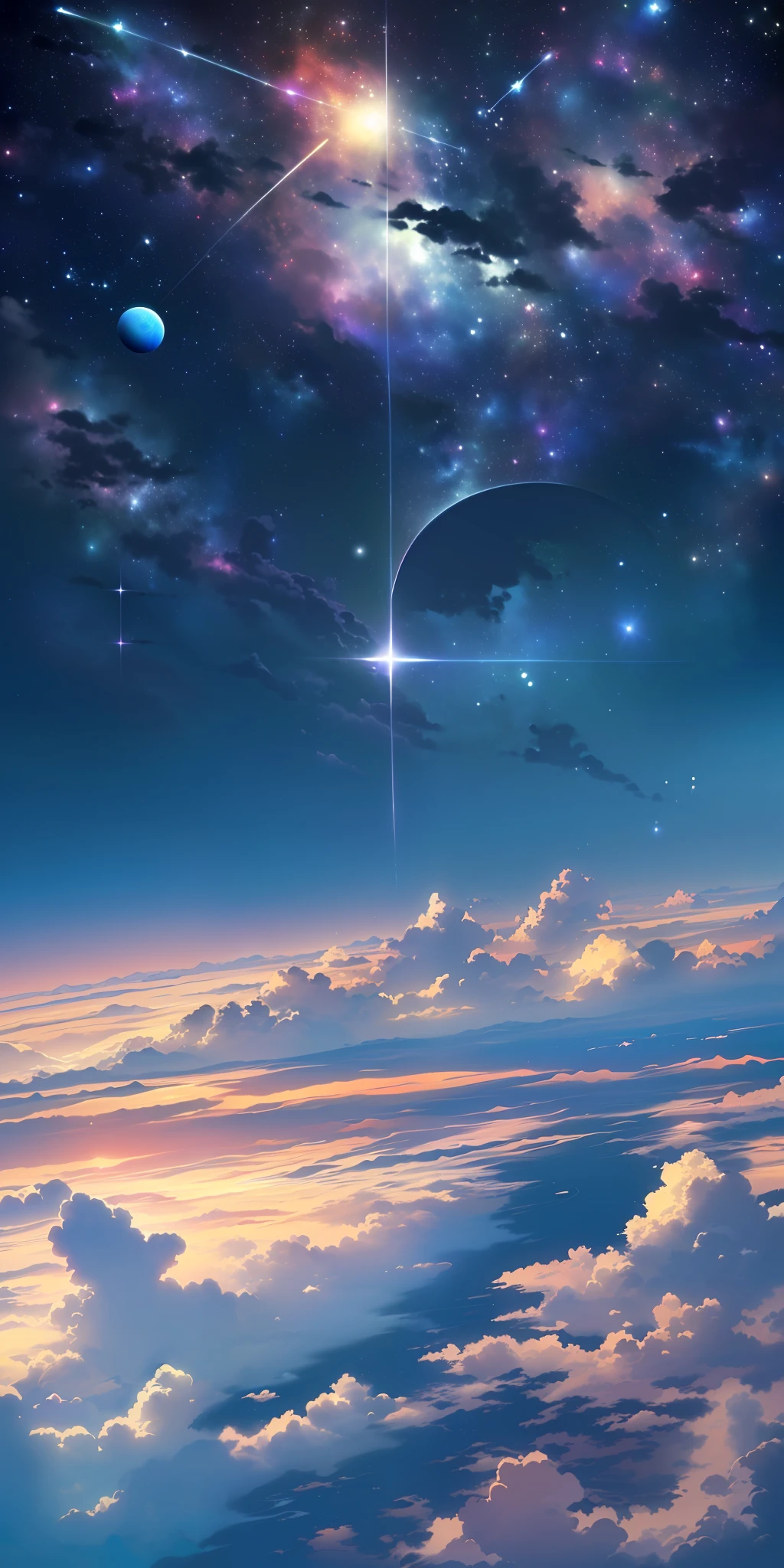 Anime, stars, Clouds, and planets in the sky, Cosmos Sky. By Makoto Shinkai, space sky, Anime Sky, planet in the sky, 4k highly detailed digital art, amazing wallpapers, beautiful space star planet, Beautiful art UHD 4 K, inspired by jessica rossier, beautiful space, anime backgrounds, universe in the sky, celestial background