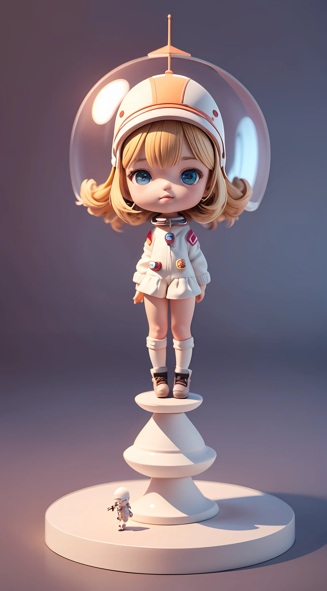 Toy with a little doll with a helmet, cute 3d render, cute detailed digital art, female explorer mini cute girl, cute digital painting, stylized 3d render, cute digital art, cute render 3d anime girl , the little astronaut looks up, cute! c4d, portrait anime space cadet girl, sitting on a white pedestal