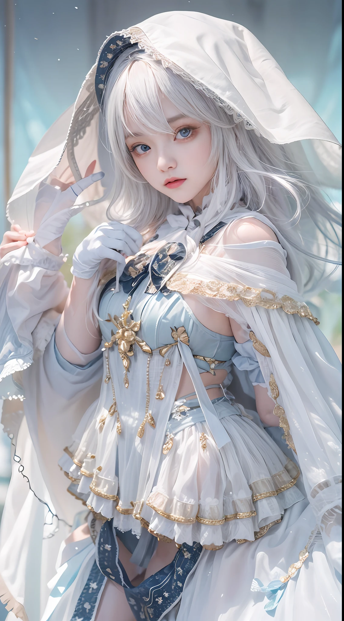 ((best qualtiy)), ((tmasterpiece)), (the detail:1.4), 3D, A photo of a beautiful woman,Ray traching,NVIDIA RTX,Hyper-Resolution,Unreal 5,Subsurface scattering、PBR Texture、post-proces、Anisotropy Filtering、depth of fields、maximum definition and sharpness、Many-Layer Textures、Albedo e mapas Speculares、Surface coloring、Accurate simulation of light-material interactions, high resolution,(Lolita costume), Beautiful eyes, White hair, ringed eyes, (Cloak,snowfield),((lifting her skirt,spread their legs:1.2)),