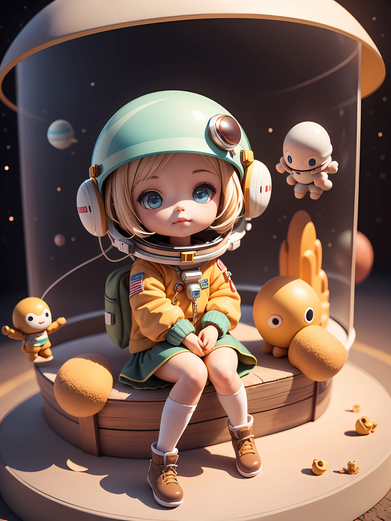 Toy with a little doll with a helmet, cute 3d render, cute detailed digital art, female explorer mini cute girl, cute digital painting, stylized 3d render, cute digital art, cute render 3d anime girl , the little astronaut looks up, cute! c4d, portrait anime space cadet girl, sitting on a white pedestal