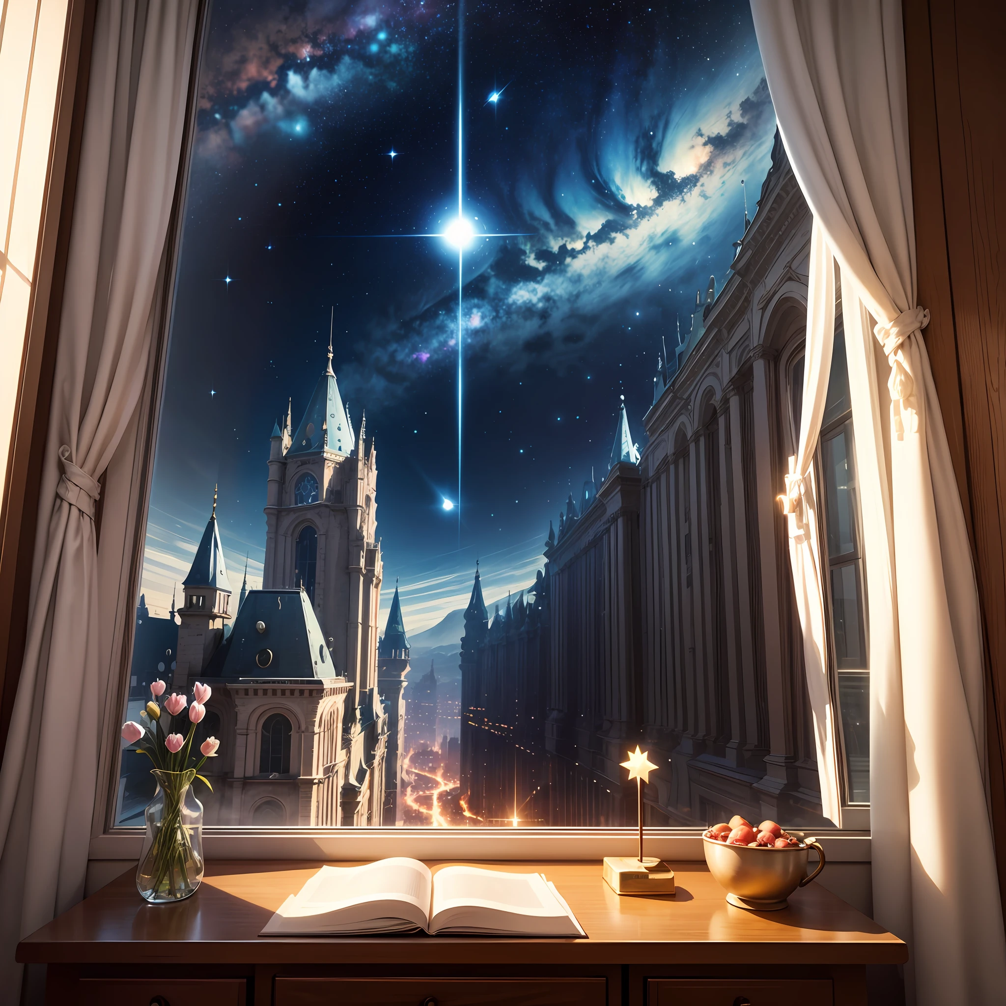 Look out from a window inside the space castle，The stars are shining outside the window --auto