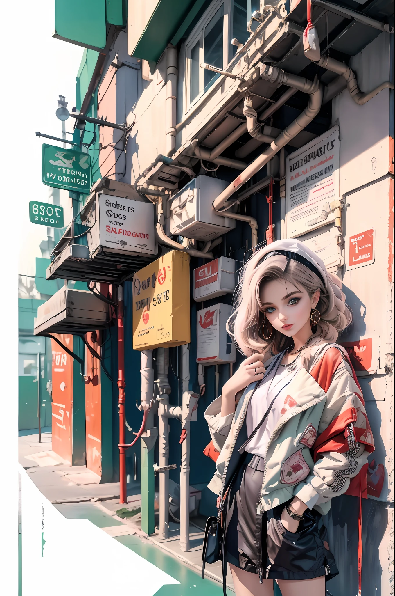 tmasterpiece，Best quality at best，offcial art，8k wallpaper，The is very detailed，Trend illustration，1girll，fashionable attire，Street side，