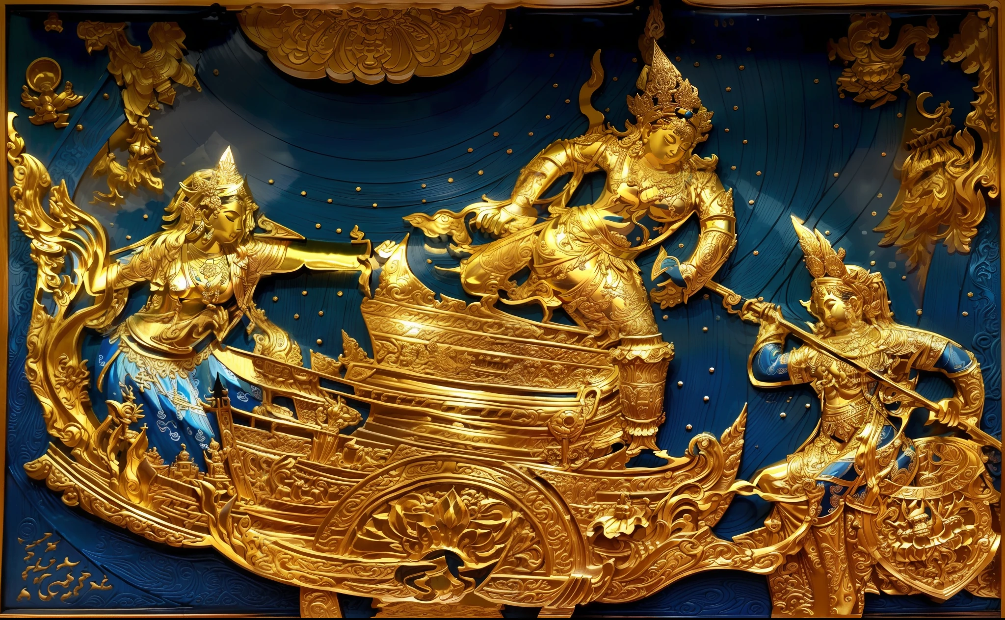 There is a blue book with drawings of ships on it.., etched relief, Very complex intaglio., Very detailed., Unknown Artist, Highly detailed engraving, Embossed carving, Inlaid Gold, Intricate engraving, gravure, Blue wood grain print, Wood cutting, Intricately detailed engraving, Thai art, Unknown Artist, Wooden Block, carving, Part of the screen