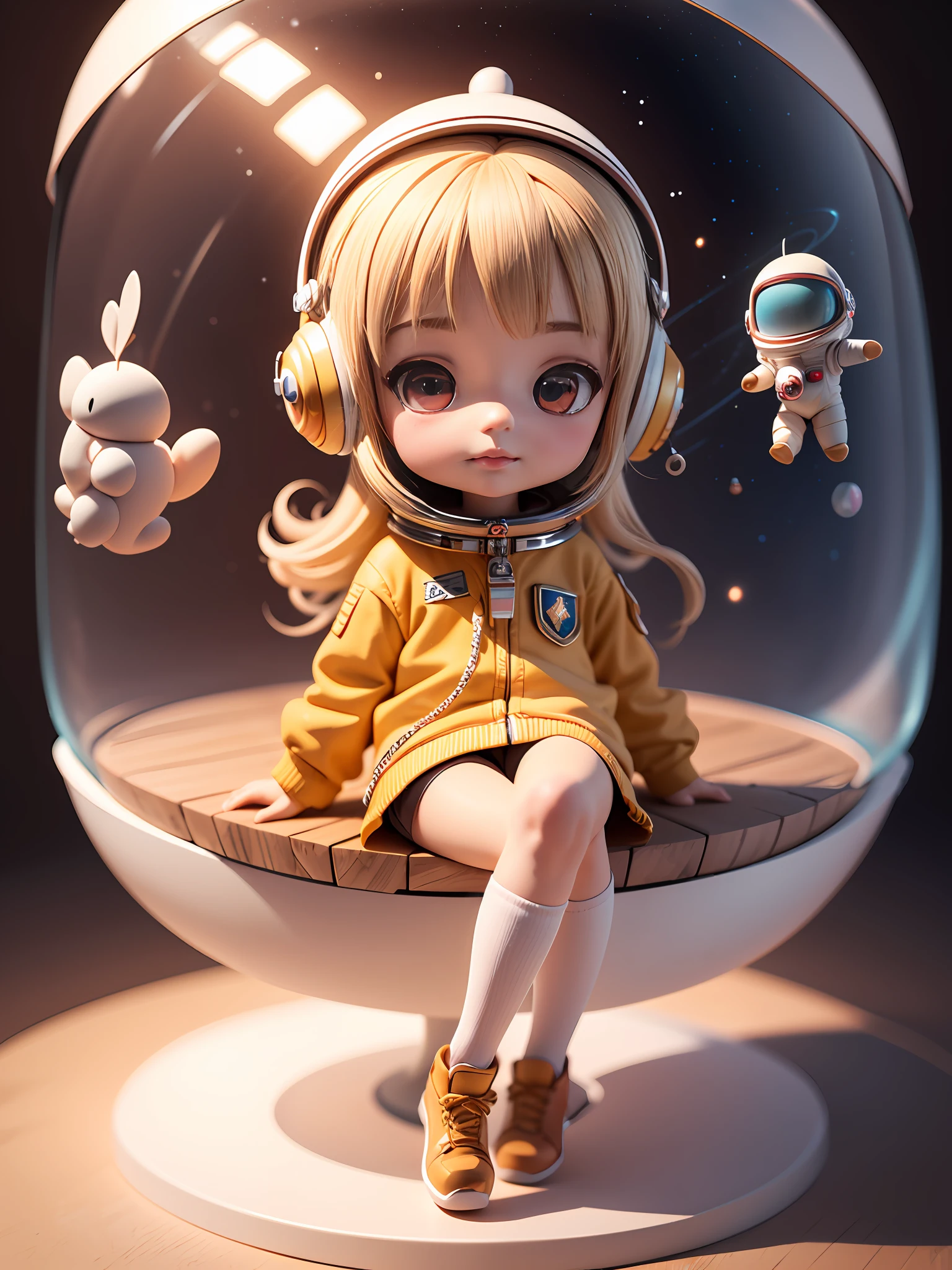 Toy with a little doll with a helmet, cute 3d render, cute detailed digital art, female explorer mini cute girl, cute digital painting, stylized 3d render, cute digital art, cute render 3d anime girl , the little astronaut looks up, cute! c4d, portrait anime space cadet girl, sitting on a white pedestal