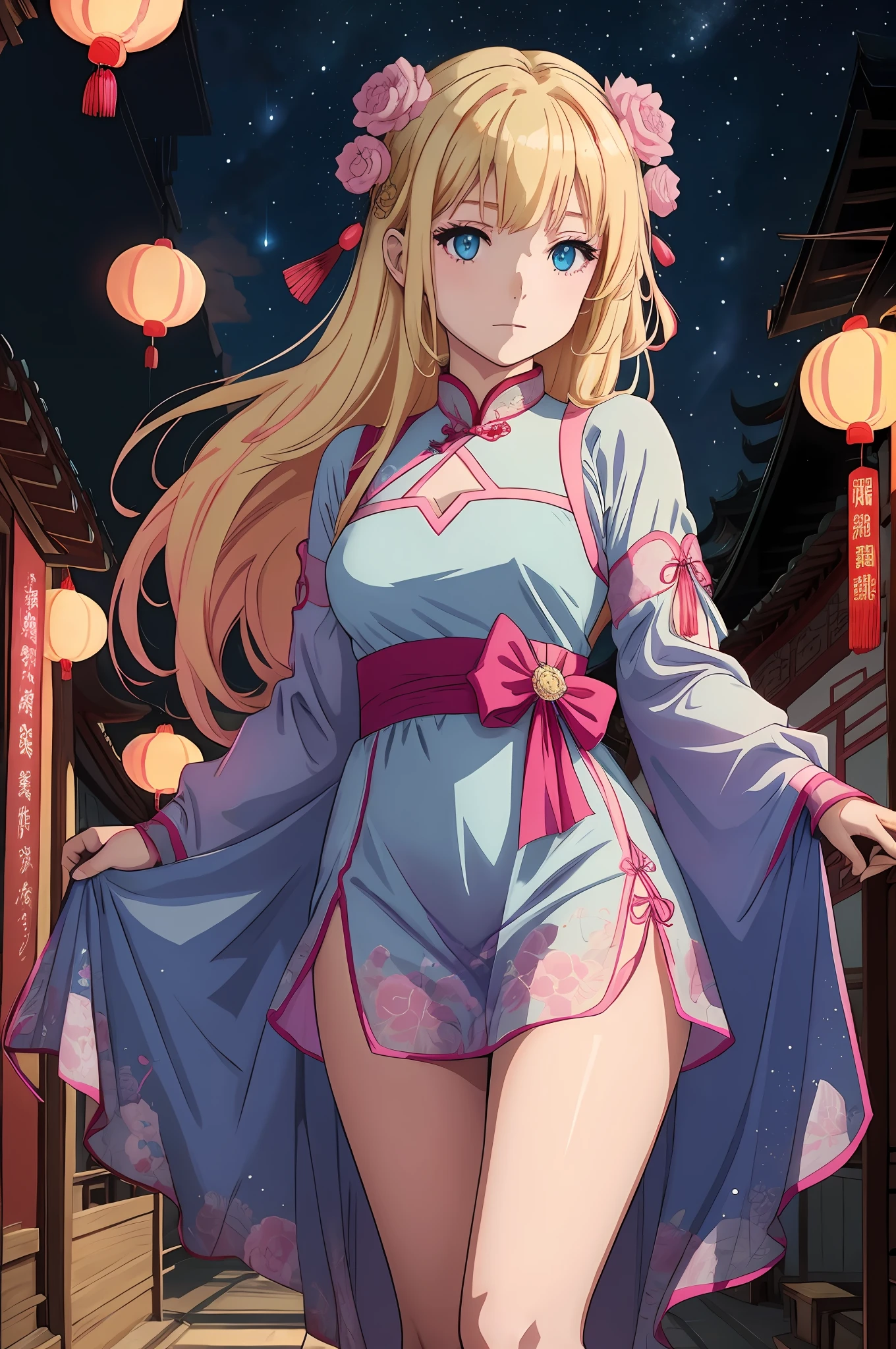 Light blonde haired 2d anime girl with pale blue lavender colored eyes wearing light blue colored with pink net Chinese short dress under starry sky alone by herself surrounded by Chinese festival lanterns