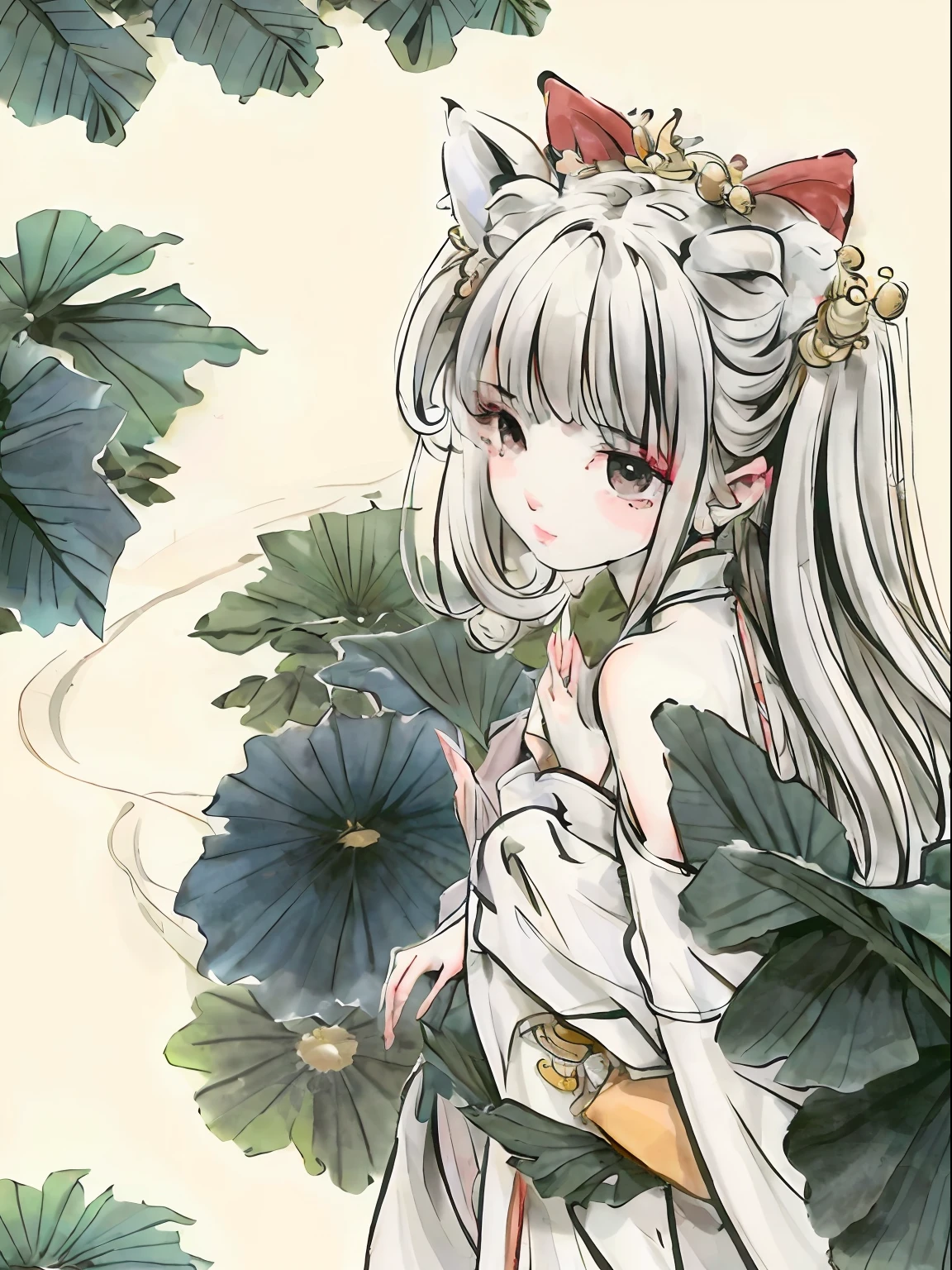 ((4k,masterpiece,best quality)), shuimobysim, Chinese painting, lotus, hanfu, maxiskit, dressed conservative 1 girl, solo, white hair, long hair, fox ears, white, bikini, fish, many fish close to the girl, looking at the audience, teasing