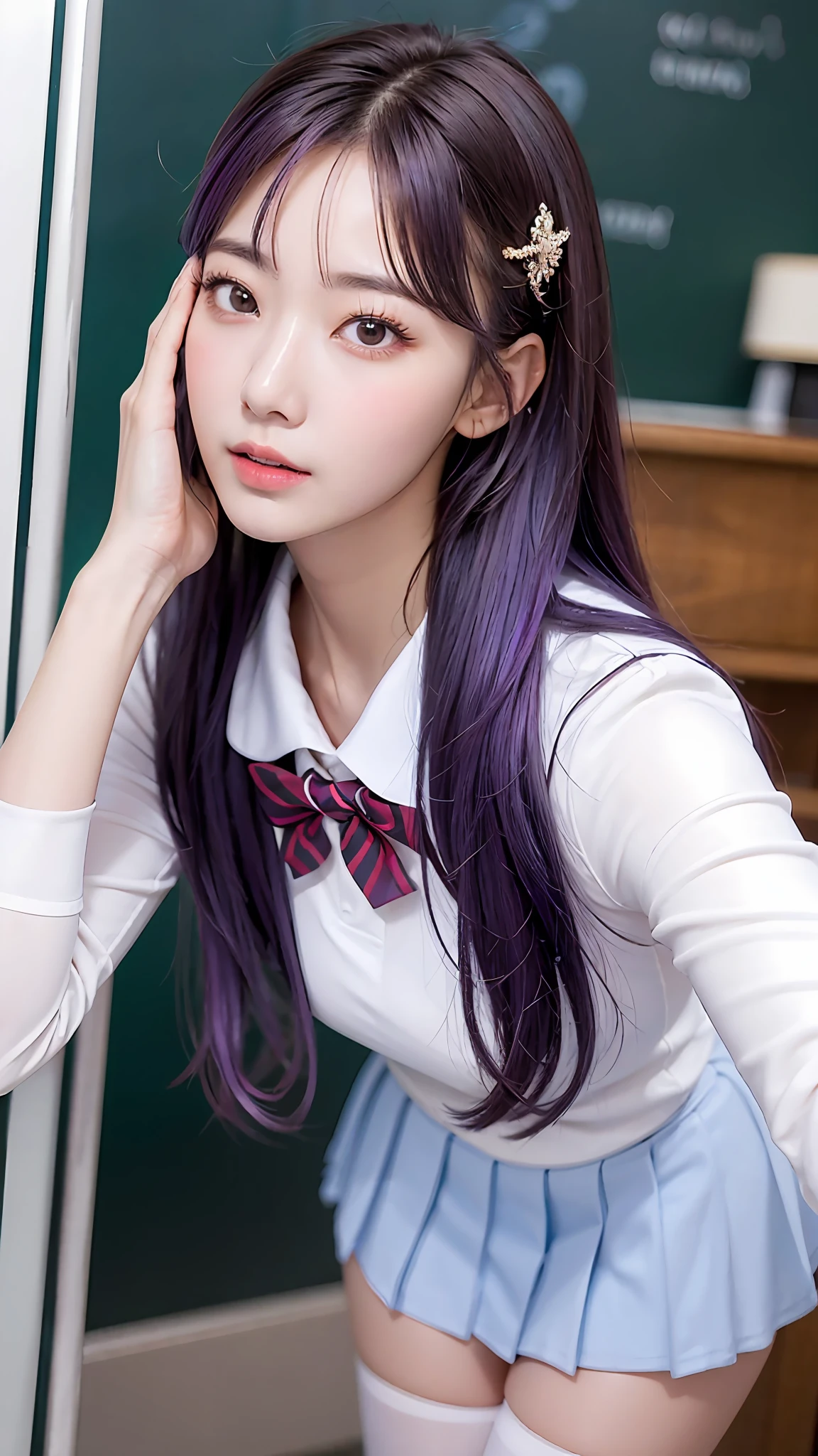 (best qualtiy,4K,tmasterpiece:1.2),Pretty women,1girll,Raised sexy:1.1,Purple colored hair:1.1,Woman in school uniform,Soaked school clothes,Super detailed face,Detailed lips,A detailed eye,二重まぶた,Pink mini skirt white stockings,Stand up