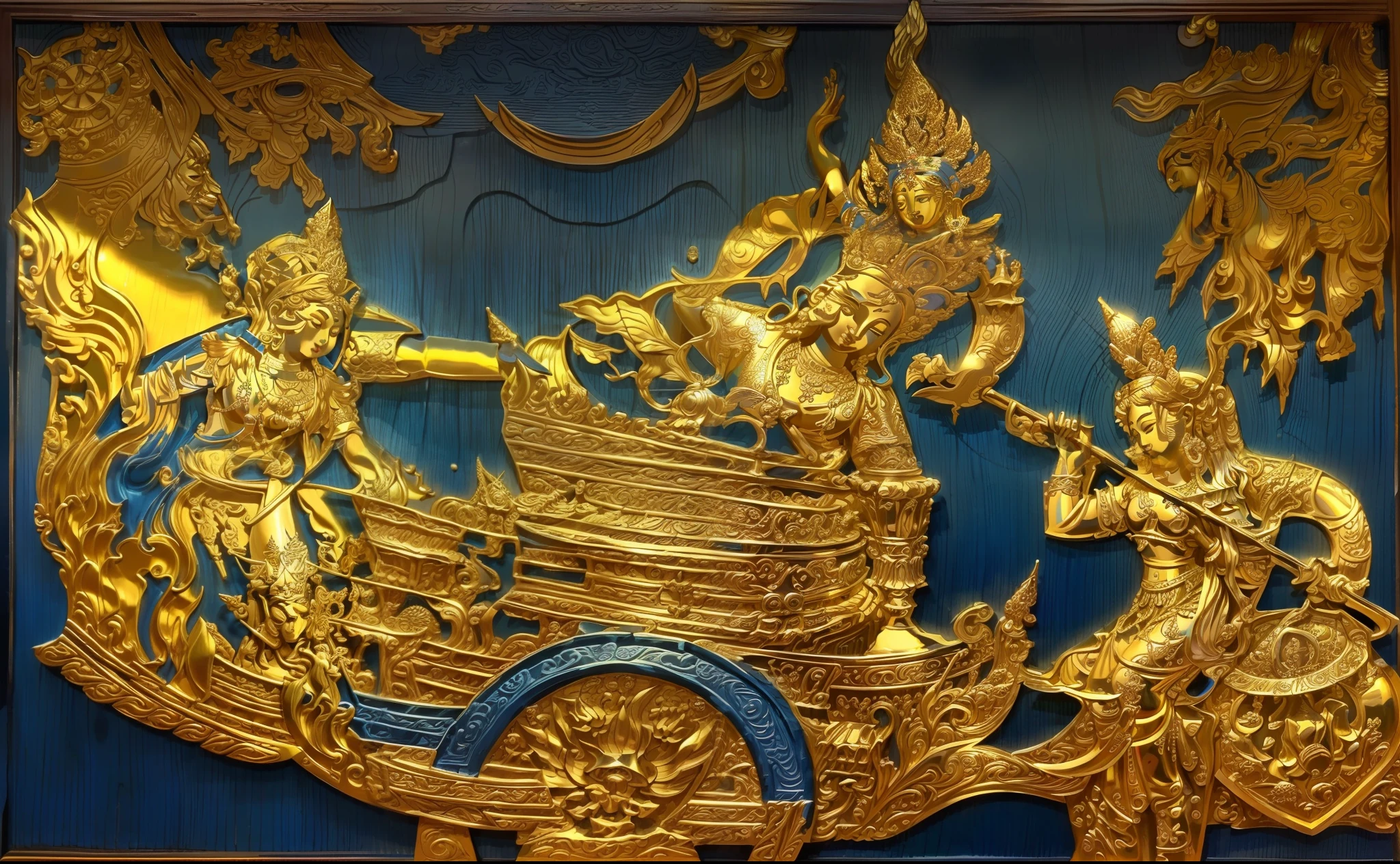 There is a blue book with drawings of ships on it.., etched relief, Very complex intaglio., Very detailed., Unknown Artist, Highly detailed engraving, Embossed carving, Inlaid Gold, Intricate engraving, gravure, Blue wood grain print, Wood cutting, Intricately detailed engraving, Thai art, Unknown Artist, Wooden Block, carving, Part of the screen