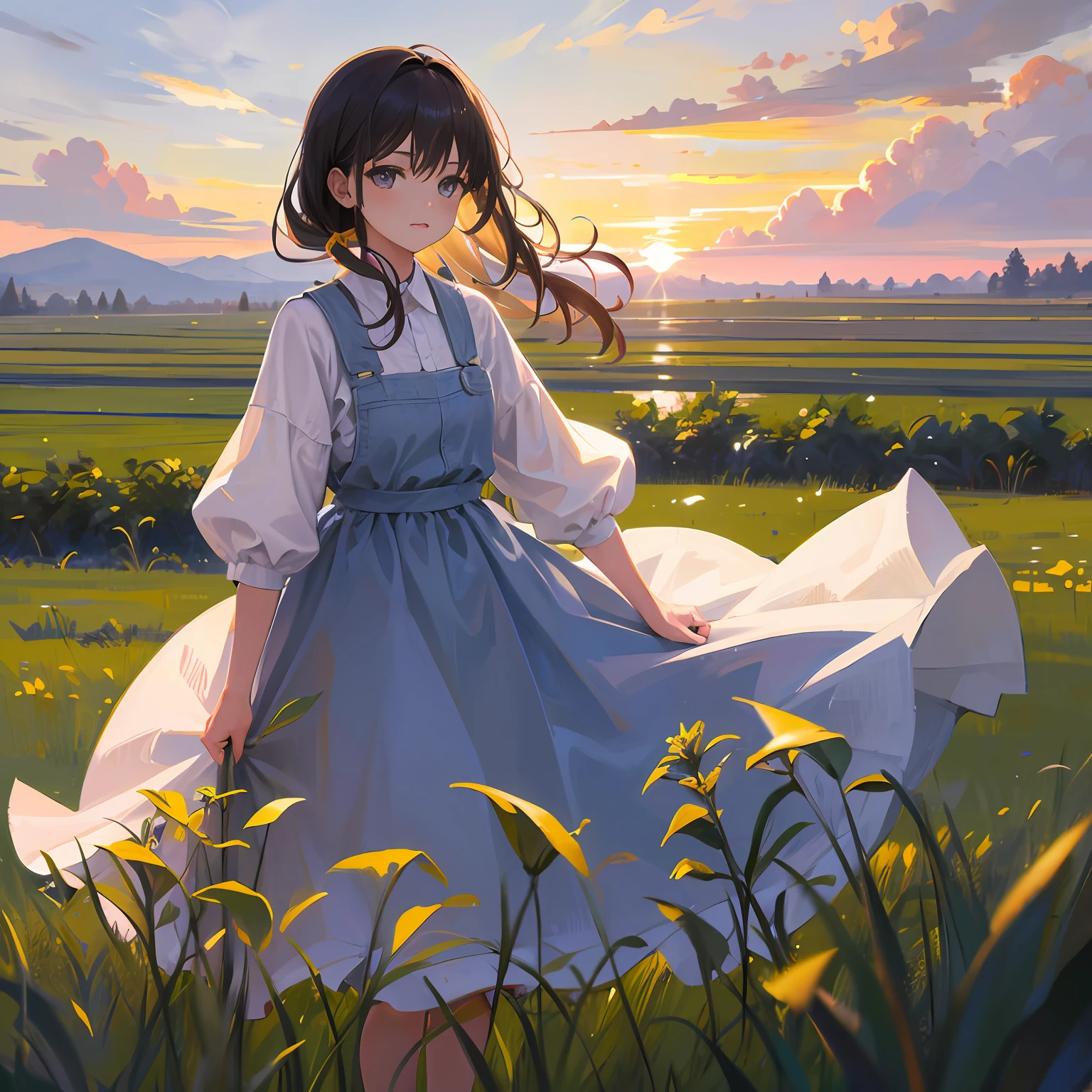 girl standing in field, closeup, portrait, clouds, sunrise