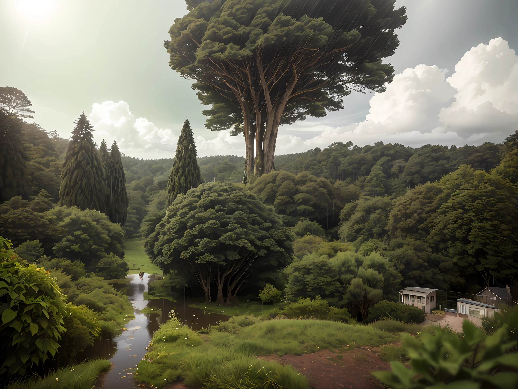 (rain and clouds in the sky) + (green tall trees) + (sunlight in the sky)