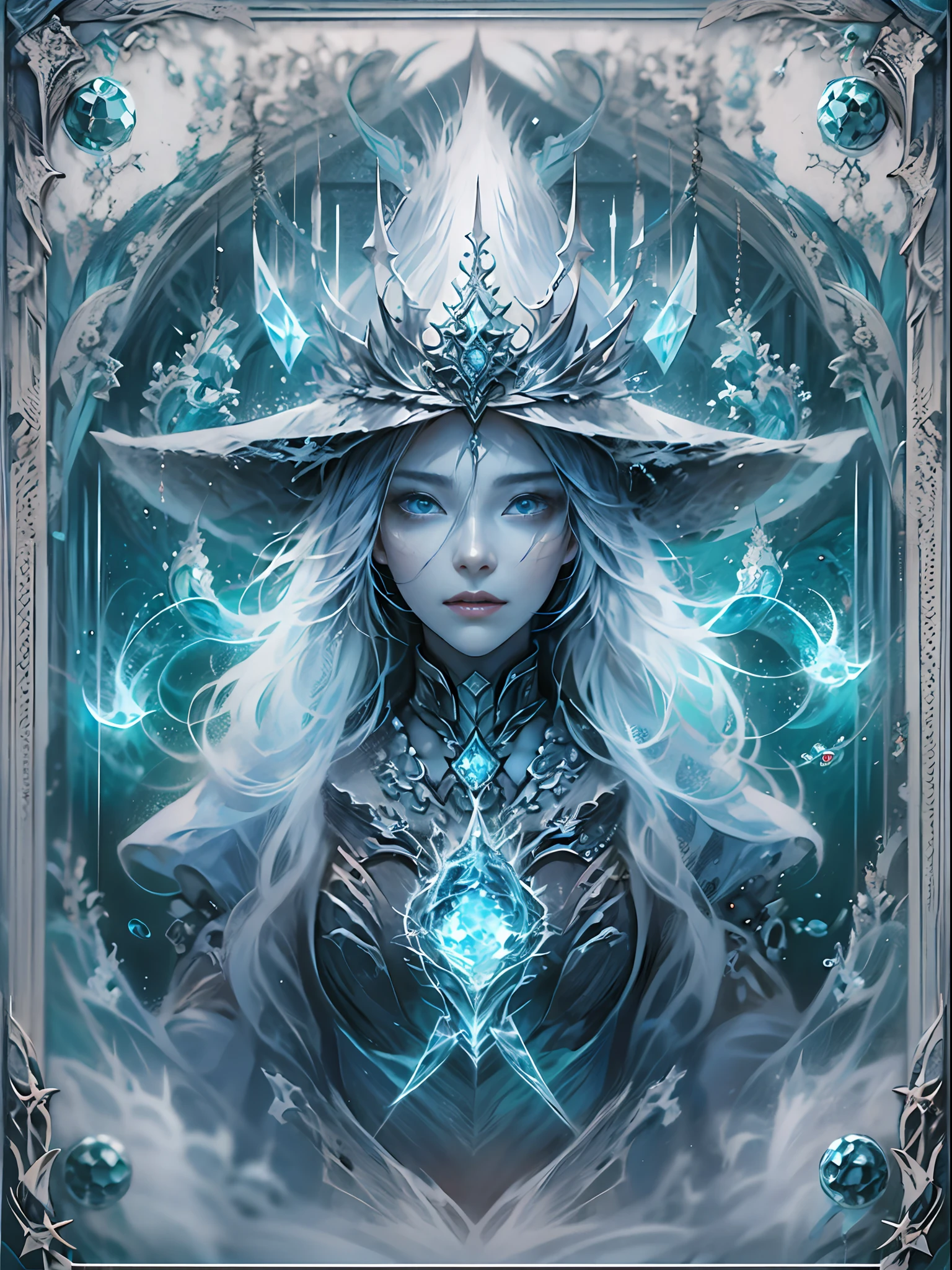 （Game King Card:1.5, rotational symmetry),Stephen Gammell,(cowboy shot),minimalist compositions,ocean waves,Female magician,Exquisite crystal headdress, exquisite crystal armor，Electroluminescent Wire,Dreamy Glow，conceptual digital art,Azure blue and gray,(Very detailed, reasonable design, Clear lines, High sharpness,best quality, masterpiece,  4K )