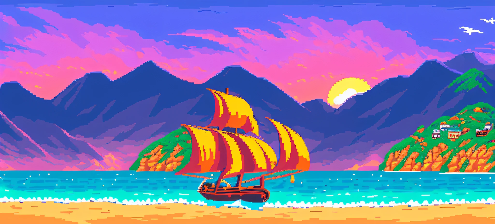 Beautiful seaside，Mountains，A pirate ship，diamonds，Beautiful sherbet sunset，pixelart