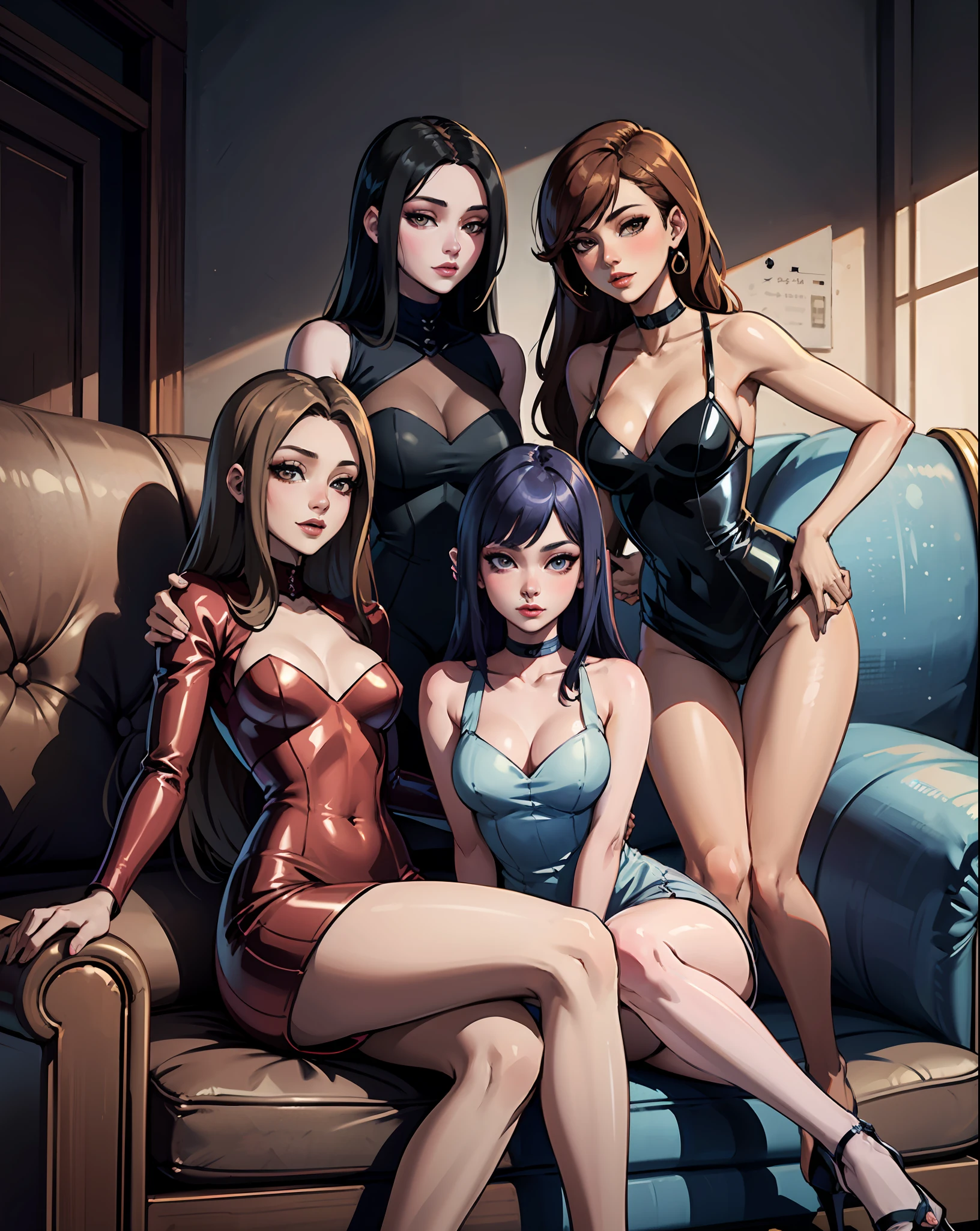 three women sitting on a couch with one holding a hair dryer, trending at cgstation, with black, posing together in short dress, sakimichan, jaeyeon nam, sexy pose, beautiful girls, 4k), 4k], 4 k ), 4 k ], asian women, perfume, cute girls, korean girl, high quality upload, instagram model, korean idol