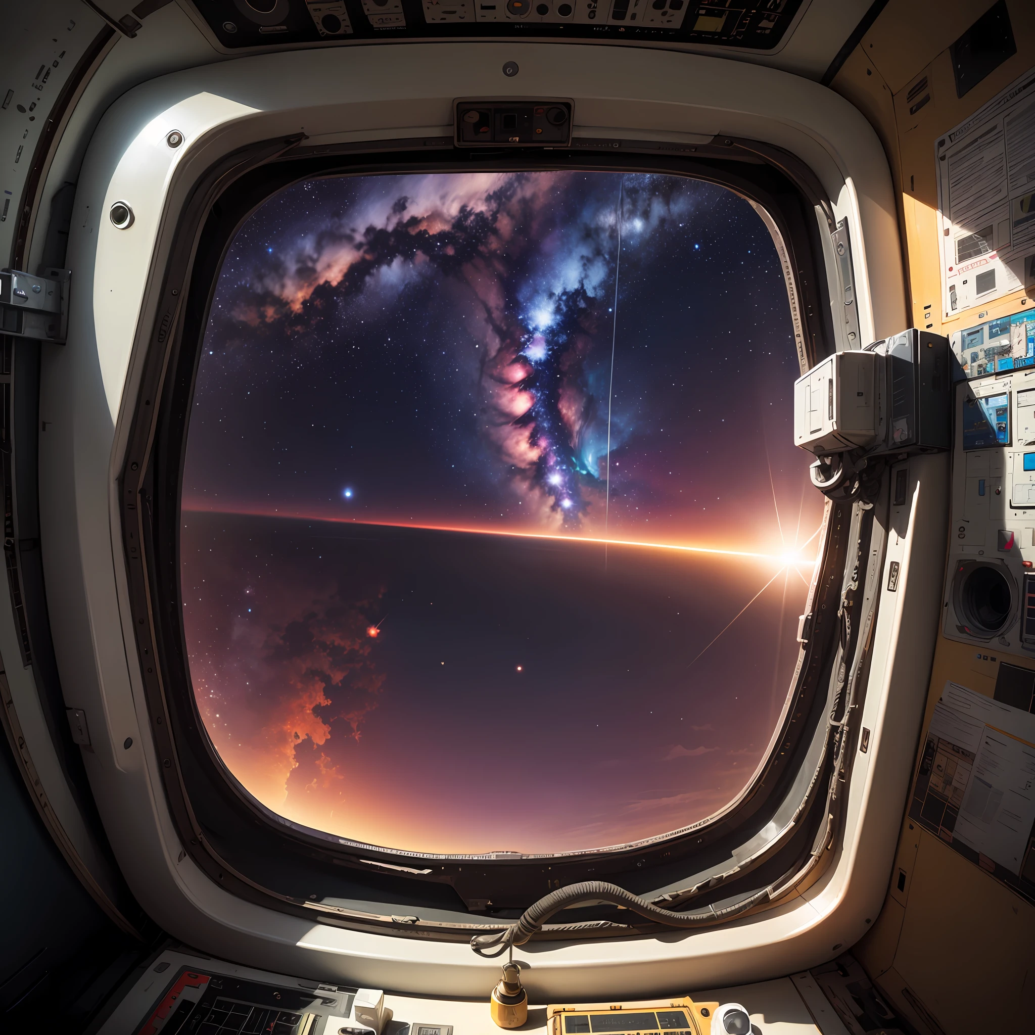 From the inside window of the space station, you can see the beautiful nebula --auto