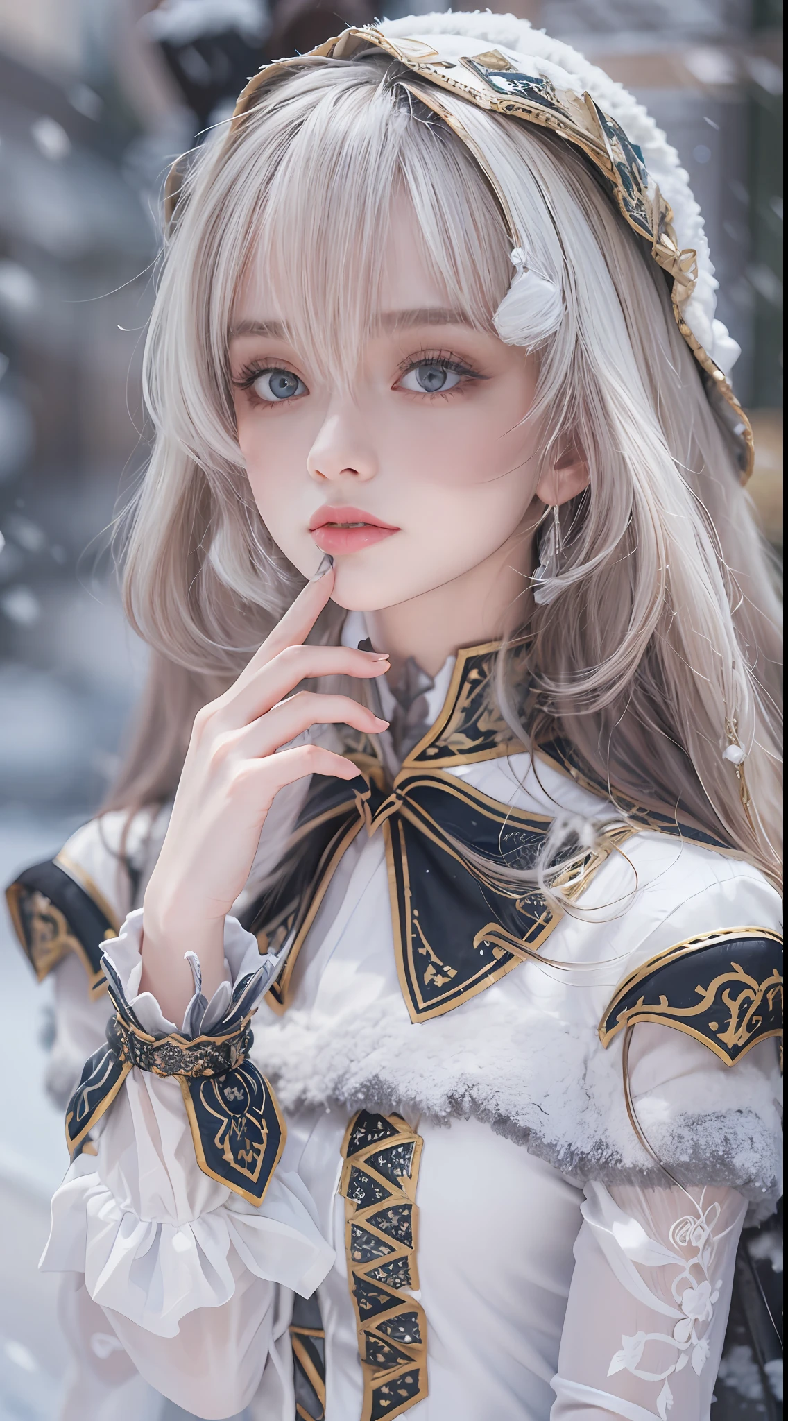 ((best qualtiy)), ((tmasterpiece)), (the detail:1.4), 3D,Ray traching,NVIDIA RTX,Hyper-Resolution,Unreal 5,Subsurface scattering、PBR Texture、post-proces、Anisotropy Filtering、depth of fields、maximum definition and sharpness、 high resolution,(Gorgeous Lolita costume)， Beautiful eyes, White hair, ringed eyes, (Cloak，snowfield，Heavy snowfall)