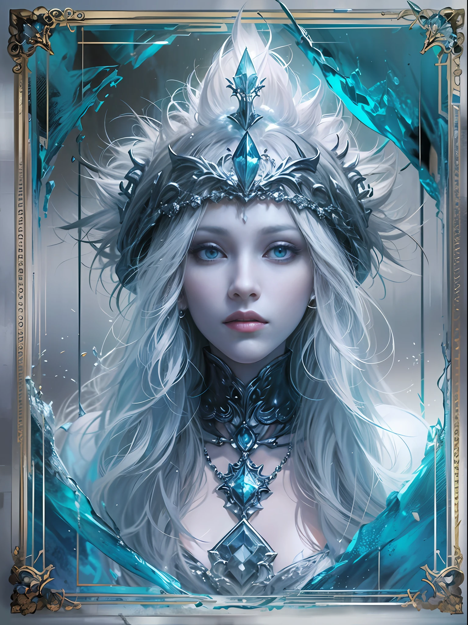 (Game King Card:1.5, rotational symmetry),Stephen Gammell,(cowboy shot),minimalist compositions,ocean waves,Female magician,Exquisite crystal headdress, exquisite crystal armor,Electroluminescent Wire,Dreamy Glow,conceptual digital art,Azure blue and gray,(Very detailed, reasonable design, Clear lines, High sharpness,best quality, masterpiece, 4K )