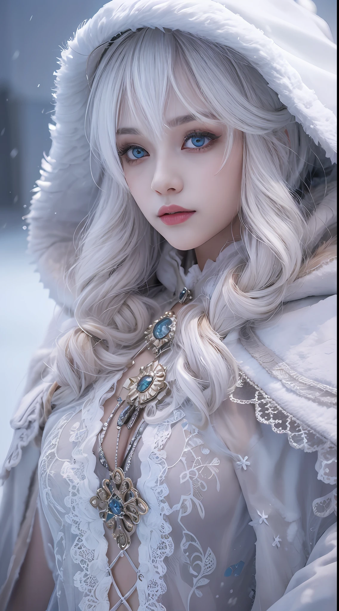 ((best qualtiy)), ((tmasterpiece)), (the detail:1.4), 3D,Ray traching,NVIDIA RTX,Hyper-Resolution, high resolution,(Gorgeous Lolita costume)， Beautiful eyes, White hair, ringed eyes, (Cloak，snowfield，Snow)