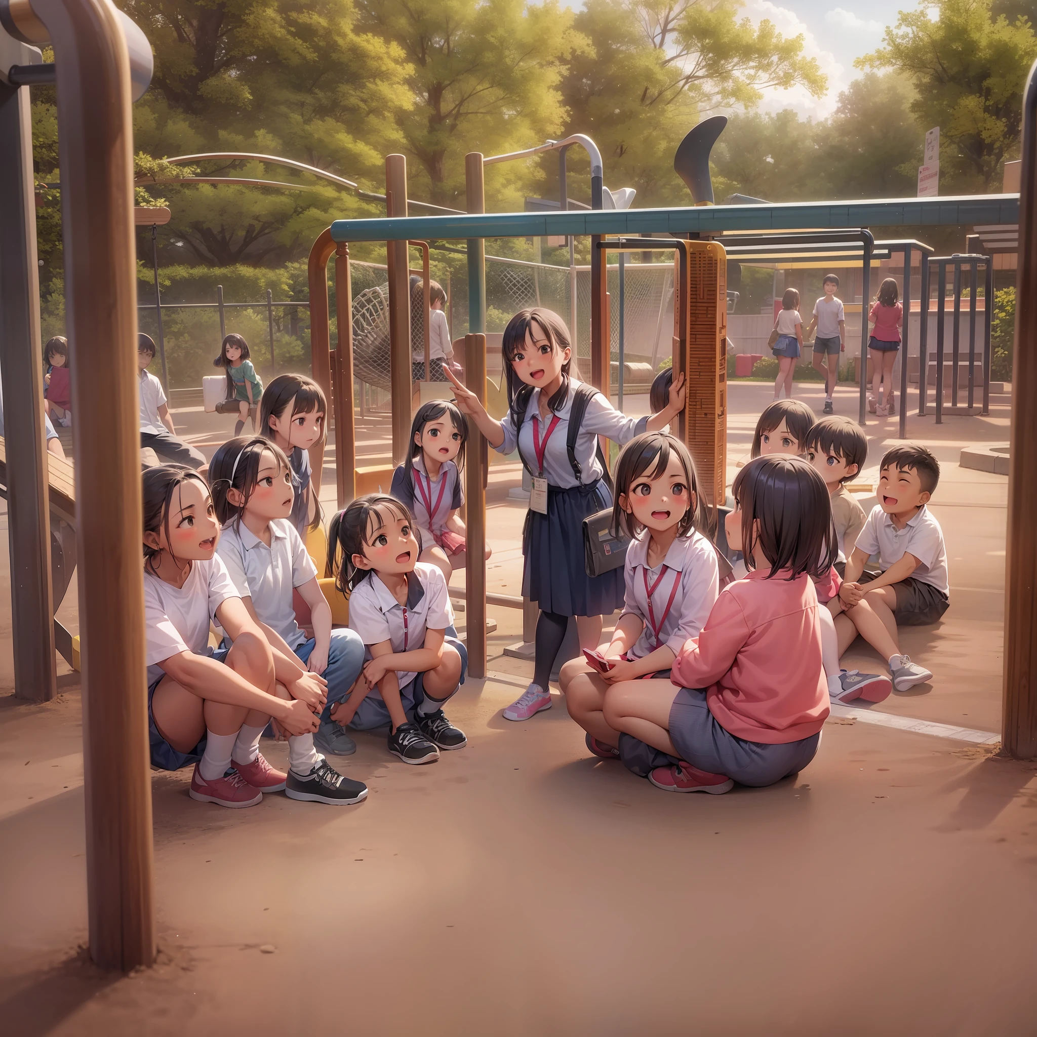 A playground for an elementary school，A group of children sitting in the playground，A young female teacher stands beside the children