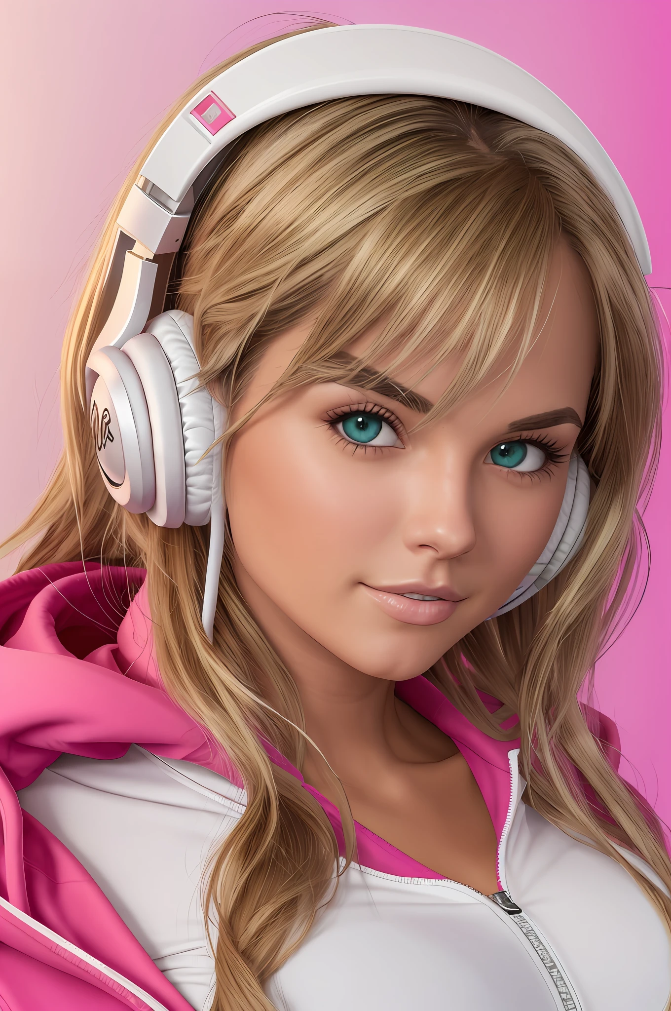 blonde gamer girl leaning into the camera, photo from front above, red hoodie, large white gamer headphones, medium breasts, skintight white top:1.2, cleavage, pink bra:1.2, looking at viewer, soft colors, cinematic lighting, perfect anatomy:1.2, round breasts:1.2, well-organized,