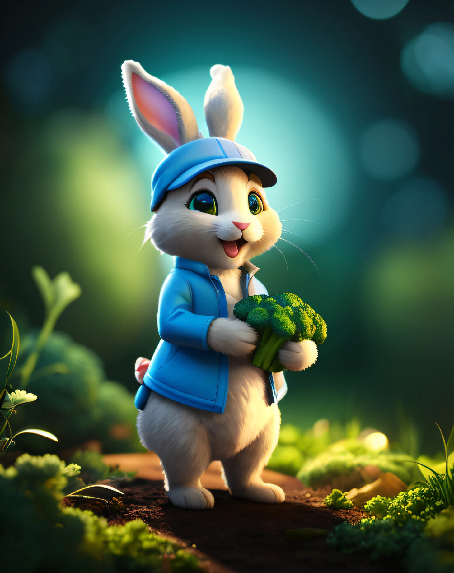 There is a rabbit that is holding broccoli in his hands, Rabbt_character, bonito 3 d render, painting digital adorable, cute anthropomorphic bunny, anthropomorphic bunny, 3 d render stylized, stylized as a 3d rendering, arte digital detalhada bonito, 3 d animated movie, ultra realistic 3d illustration, 3d rendering stylized