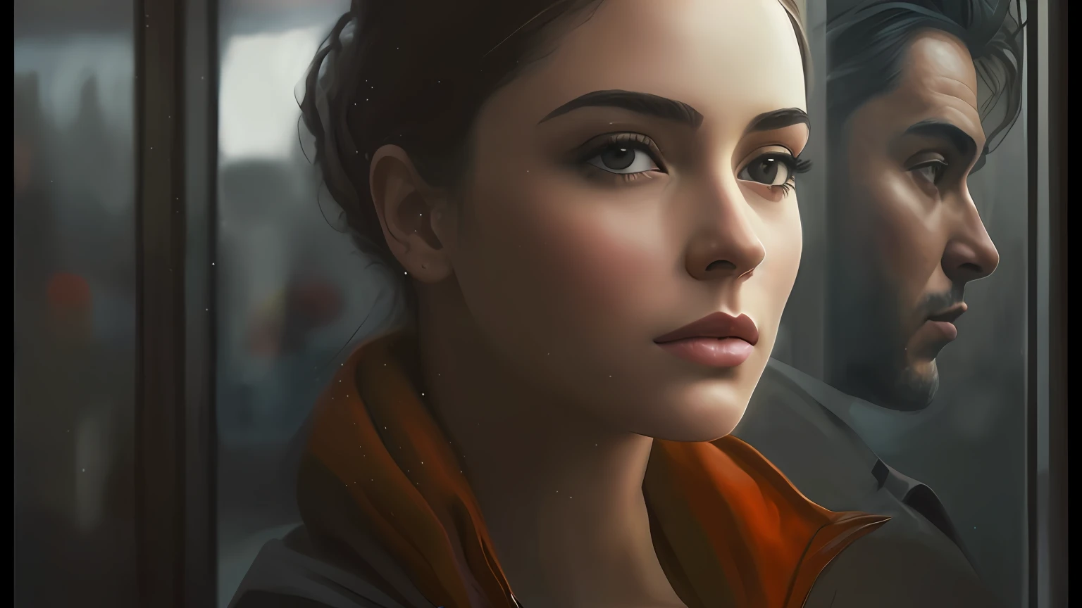 There's a woman looking at a man through a window, Arte digital realista 4K, Arte digital realista 4K, Cinematic realistic portrait, pintura digital realista, pintura digital ultra realista, cinematic digital painting, bela arte digital, 8 k arte digital realista, pintura digital fotorrealista, estilo de arte realista, arte digital muito realista, arte digital altamente realista, pintura digital impressionante