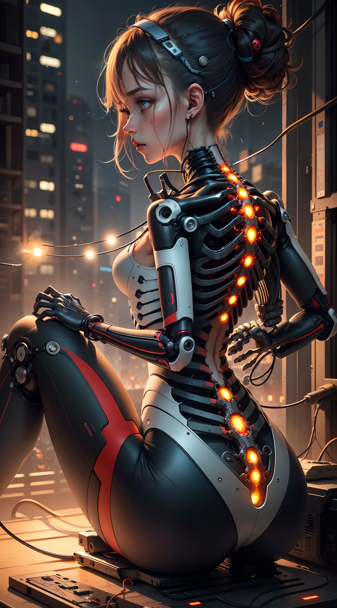 (((masterpiece))), (((best quality))), ((ultra-detailed)), (highly detailed CG illustration), ((an extremely delicate and beautiful)),(from side),cinematic light,((1mechanical girl)),solo,half body,(machine made joints:1.2),((machanical limbs)),(blood vessels connected to tubes),(mechanical vertebra attaching to back),((mechanical cervial attaching to neck)),(sitting),expressionless,(wires and cables attaching to neck:1.2),(wires and cables on head:1.2)(character focus),science fiction,city background, extreme detailed,colorful,highest detailed,(face shadow (extra detailed,best performance)), laser eyes (detailed red))fire in holes of hands)