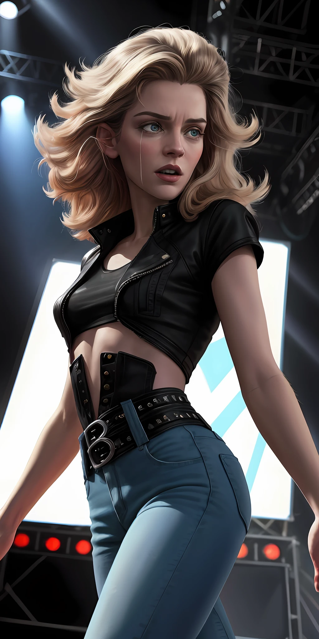 A (waist up:1.2) cinematic photorealistic color digital painting of Ellen Louise Ripley with the (80's heavy metal rock star hair style:1.2) jump in stage, detailed face, insanely detailed and intricate, crisp sharp and clear, volumetric lighting, ultra-high resolution, masterpiece hyper realistic artwork of Don Lawrence, centered, Professional color grading by Kenneth Hines Jr.