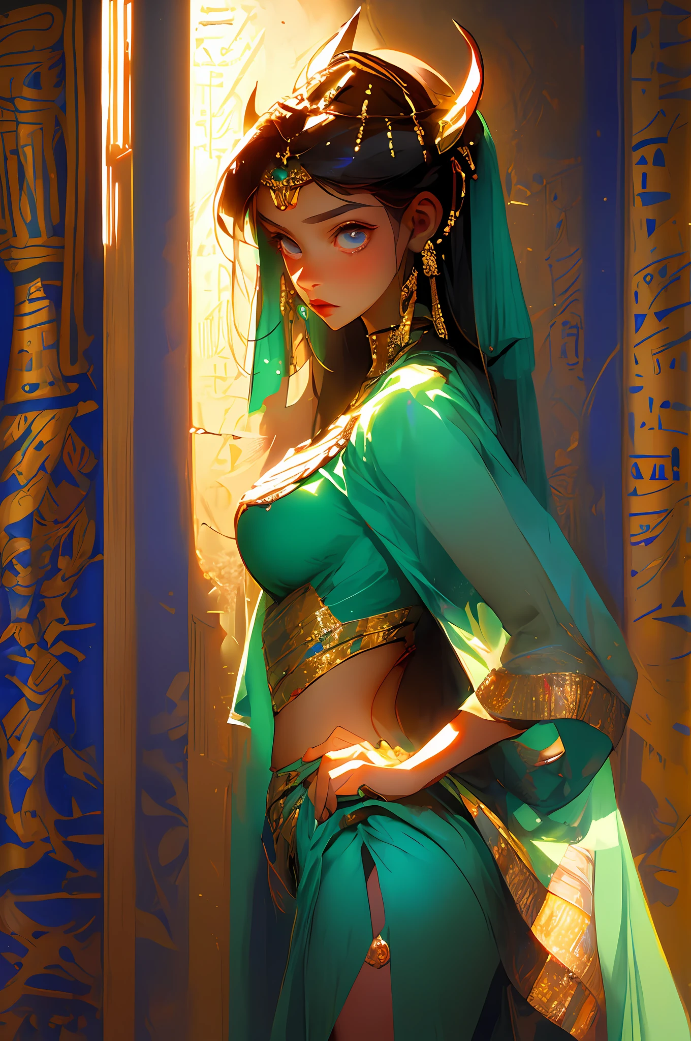 (Masterpiece:1.2), (Best quality:1.2),1 child,Cleopatra,10years old, brightskin, Stand against the wall, Bigboobs,Young,Cocked buttocks,Egyptian attire,Expose the groin,By bangs, long whitr hair, egyptian style,Gorgeous gold background,The upper part of the body