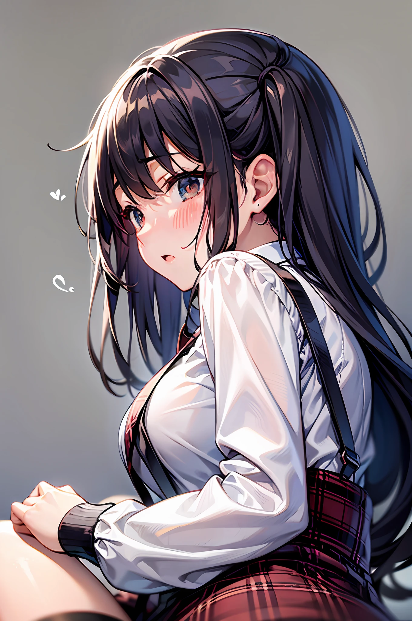 {Best Quality}, {ultra-detailliert}, {very detailed illustration}, Top image quality，silber hair, Aimei, embarrassed from，breastsout，red blush，Black tie，{Suspender Skirt}，suspenders，skirt by the，long-sleeve，Casual clothing，a bed，all-fours，{bustup}，front-facing view，