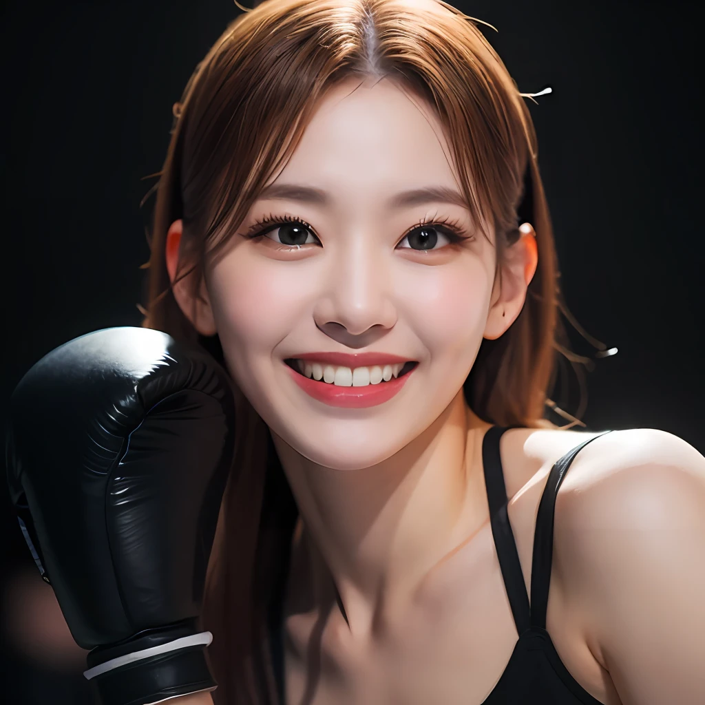a sserafimsakura, hyper realistic, lifelike texture, dramatic lighting, Nikon RAW photo, 8k, Fujifilm XT3,masterpiece, best quality, realistic, (photorealistic:1.4), ultra detailed, extremely detailed face, solo,1girl, standing, (boxing gloves:1), (boxing ring),  (smile:1),