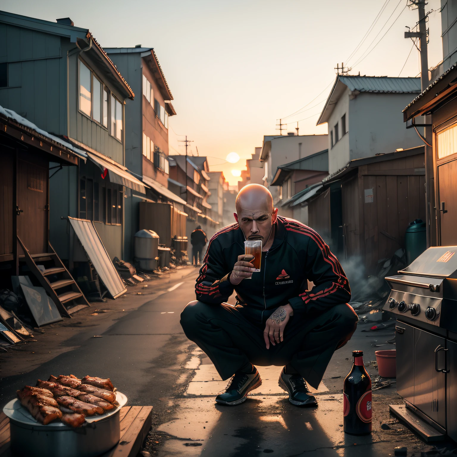 Russian gopnik barbecuing saslink at a makeshift grill at a alleyway, He is wearing blue adidas tracksuit and black pointed leather shoes, he is bald and thin built, he has sleeves pulled up and they reveal his russian prison style tattoos. He is doing the slavic squat pose while barbecuing the meat on the grill. There is a large beer bottle next to the grill, the scenery has soviet russia vibes, worn down buildings. Garbage and debris. Sunset is giving this scene a yellowish tint and radiant lighting, photorealistic scene, masterpiece