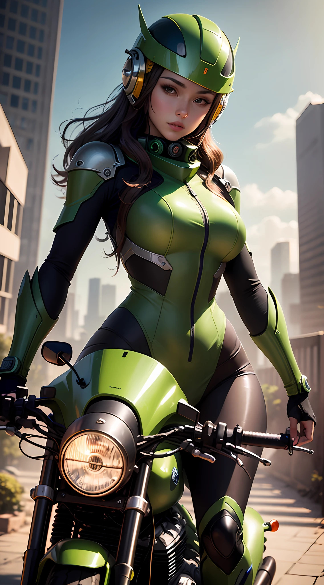 Highest image quality, outstanding details, ultra-high resolution, (realism: 1.4), the best illustration, favor details, highly condensed 1girl, with a delicate and beautiful face, dressed in a black and green mecha, wearing a mecha helmet, holding a directional controller, riding on a motorcycle, the background is a high-tech lighting scene of the future city. --auto