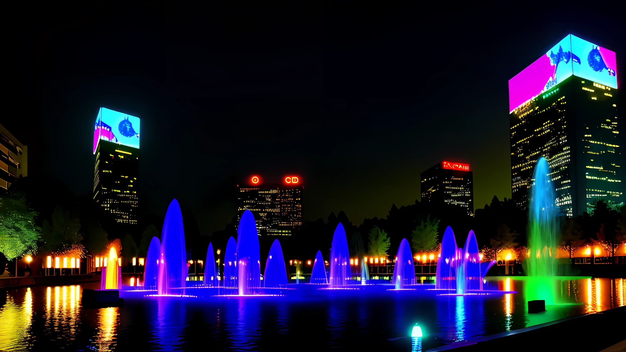 the night，Large musical fountain in the middle of the lake，Light show，Modern science fiction，Modern architecture on the other side of the lake，tall house，Glass curtain wal，Punk boss，nighttime scene，Illuminated neon HD real scene，Landmark buildings，CBD